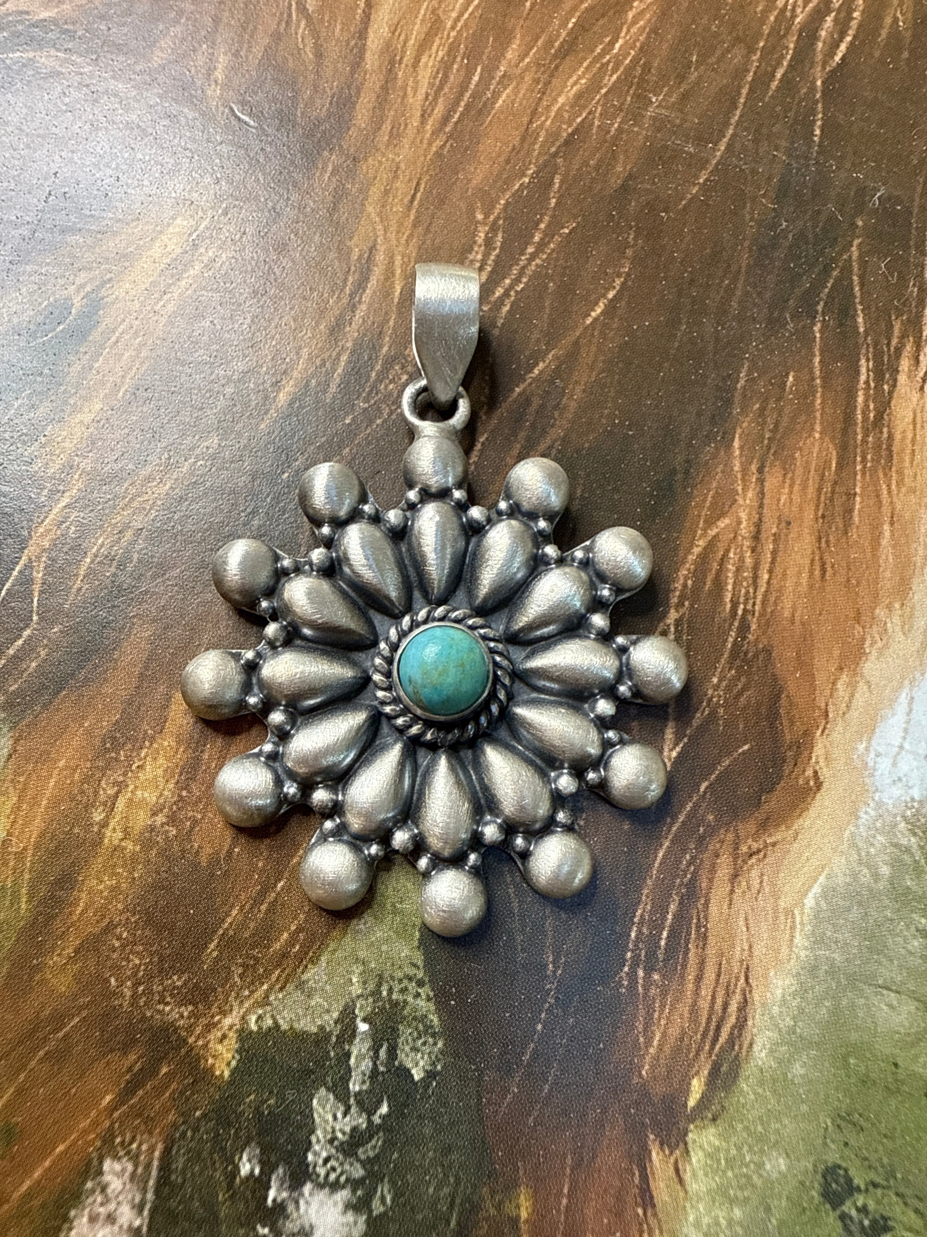Beautiful Handmade Sterling Silver & Turquoise Flower Pendant