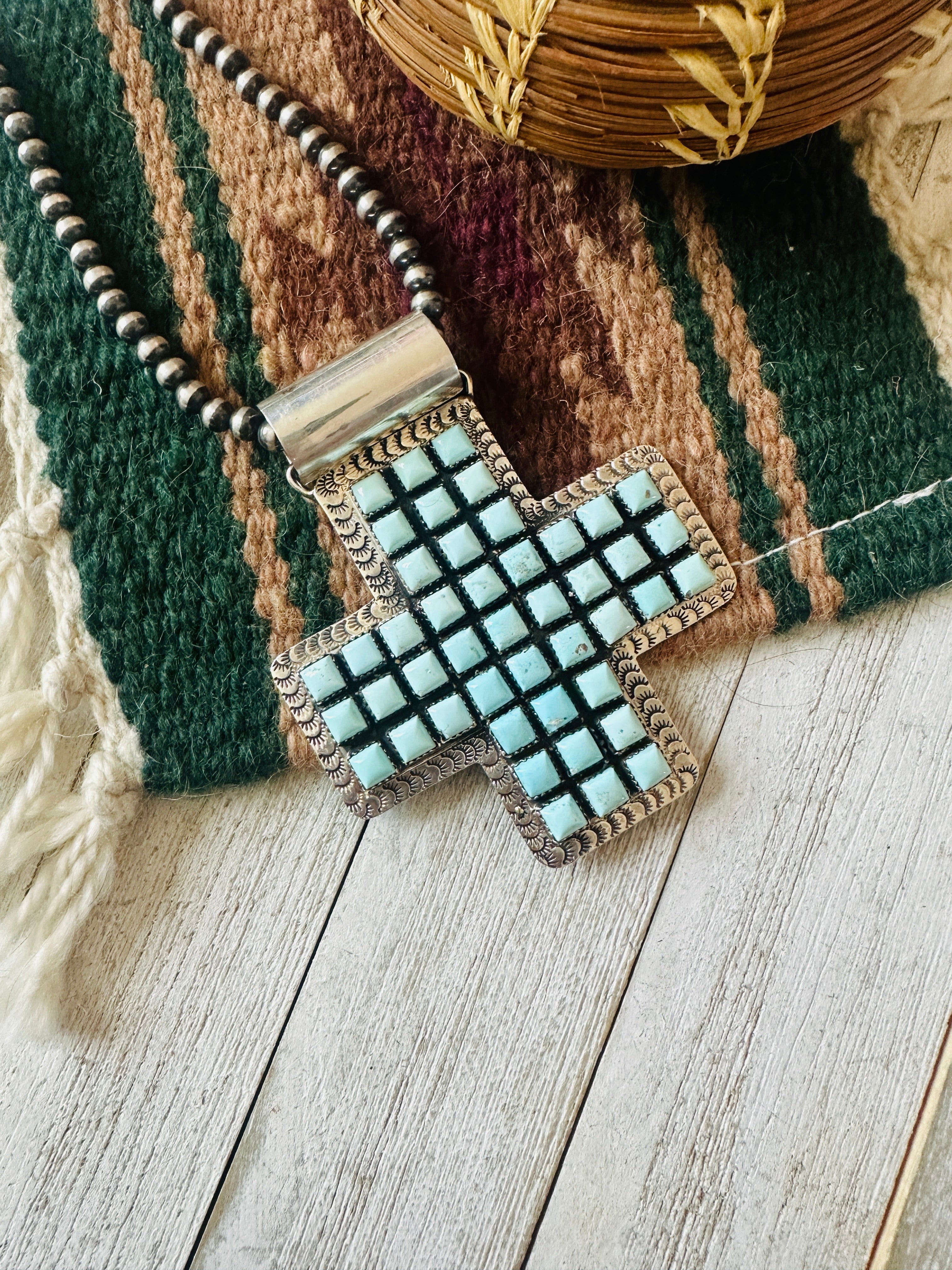 Navajo Sterling Silver & Dry Creek Turquoise Cross Pendant by Marcella James