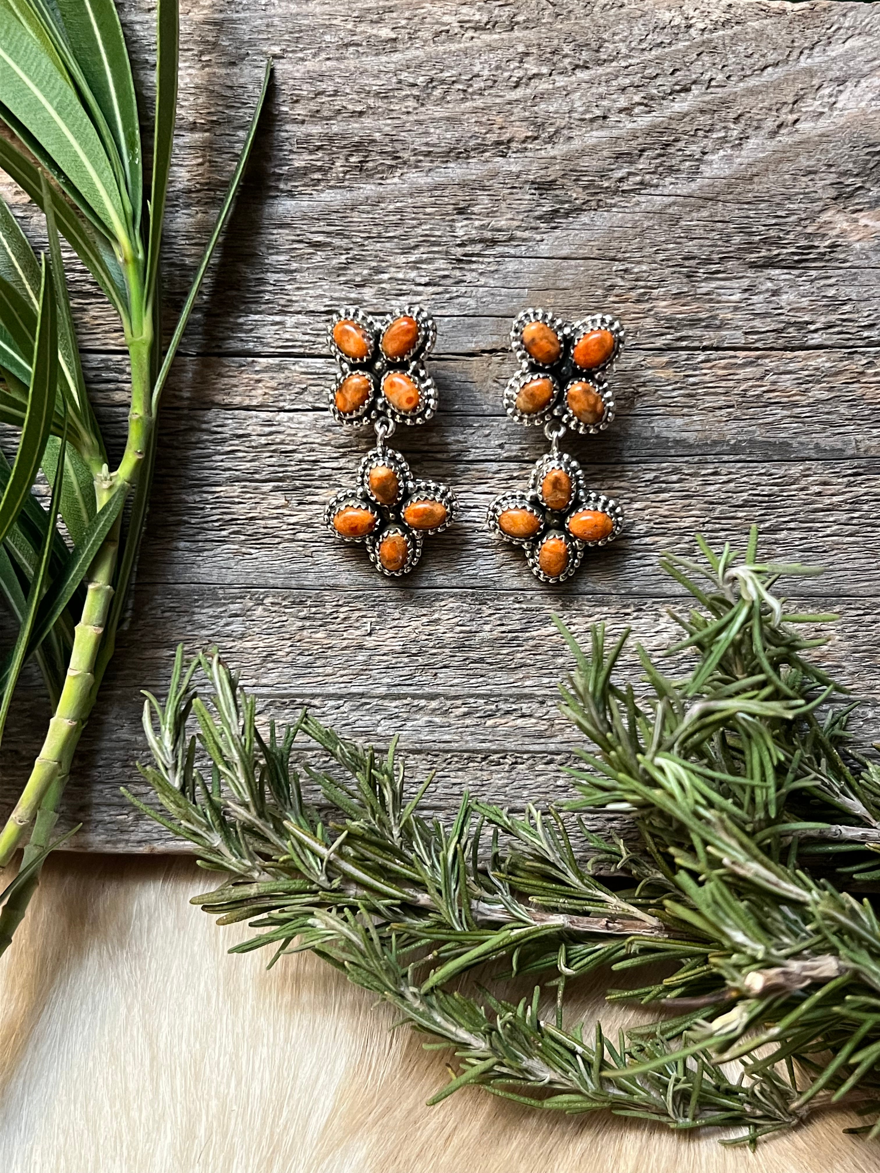 Handmade Spiny Oyster Flower Cluster Sterling Silver Dangle Earrings
