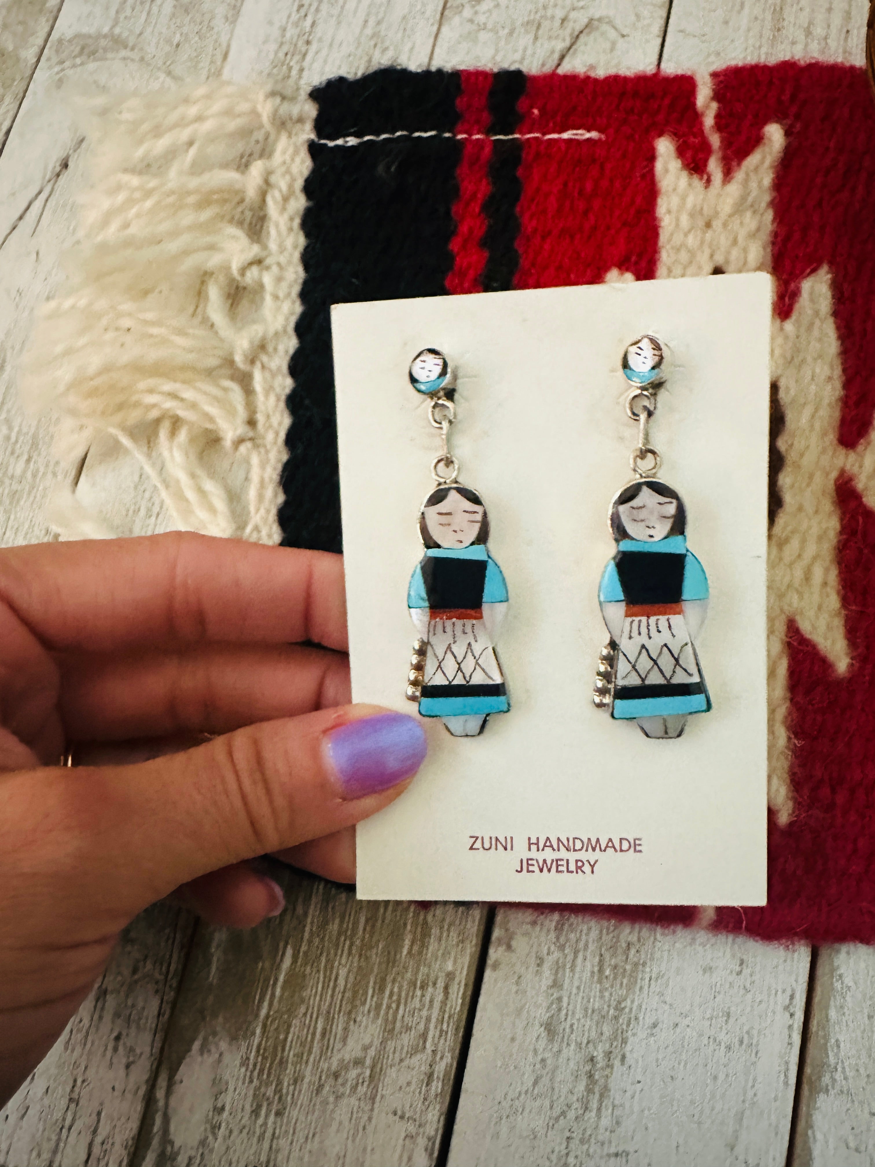 Zuni Multi Stone & Sterling Silver Inlay Maiden Girl Dangle Earrings