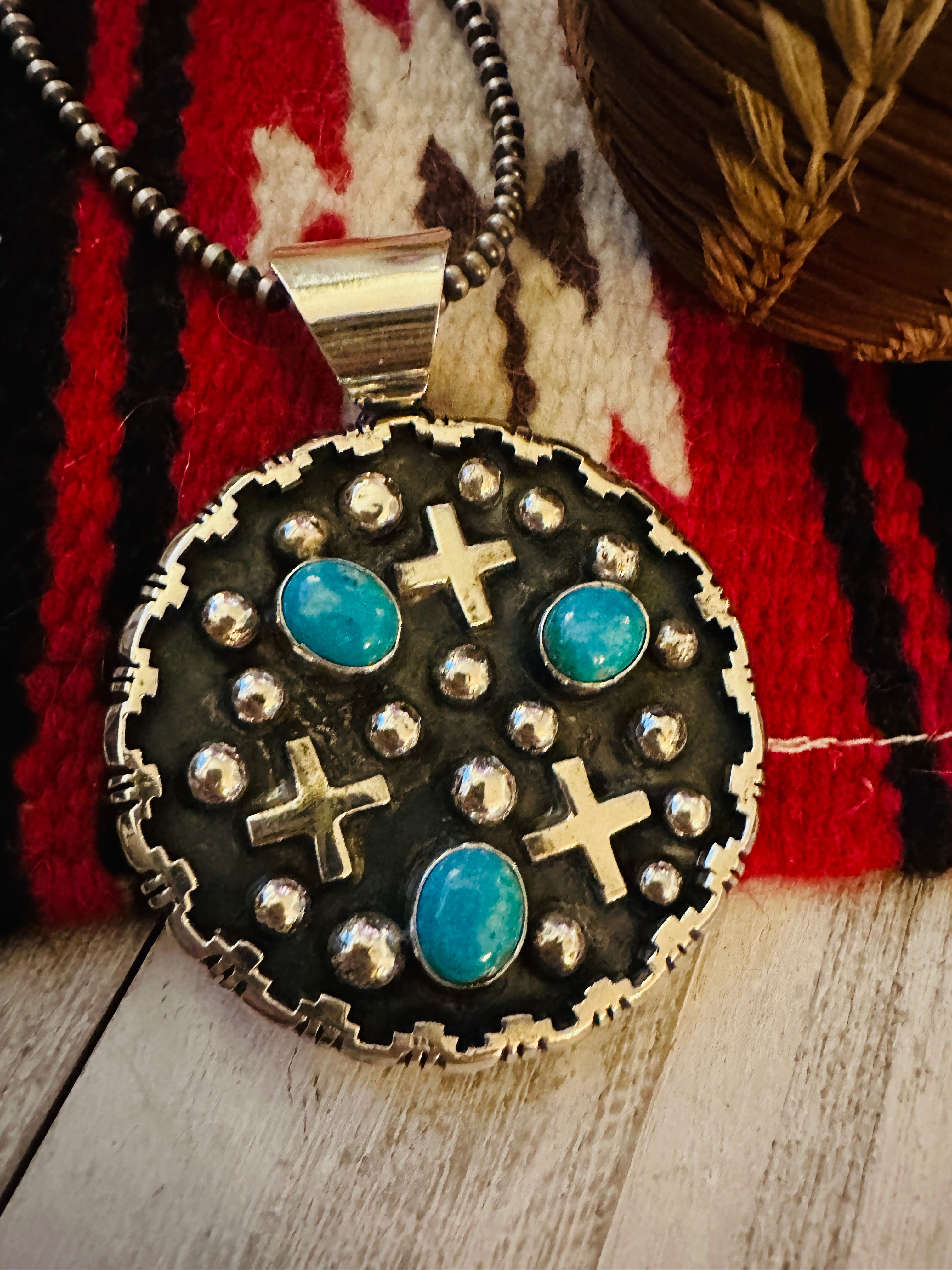 Navajo Sterling Silver & Turquoise Cross Pendant by Chimney Butte