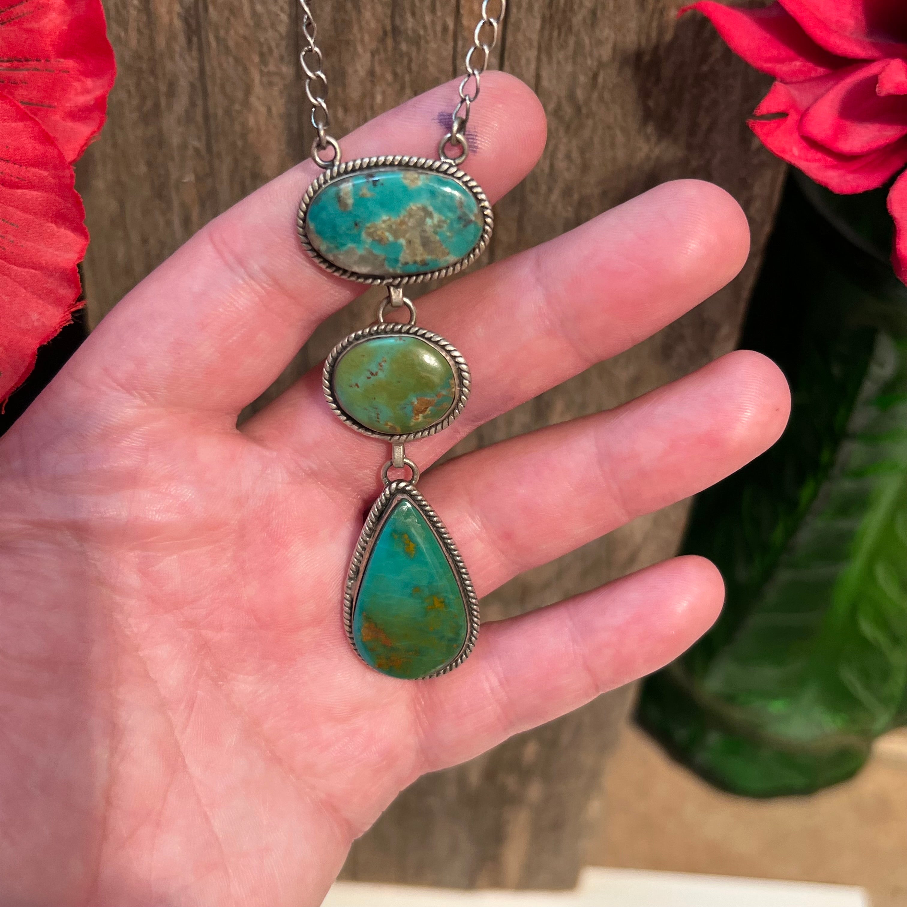 Handmade 3 Stone Turquoise & Sterling Silver Drop Necklace (04)