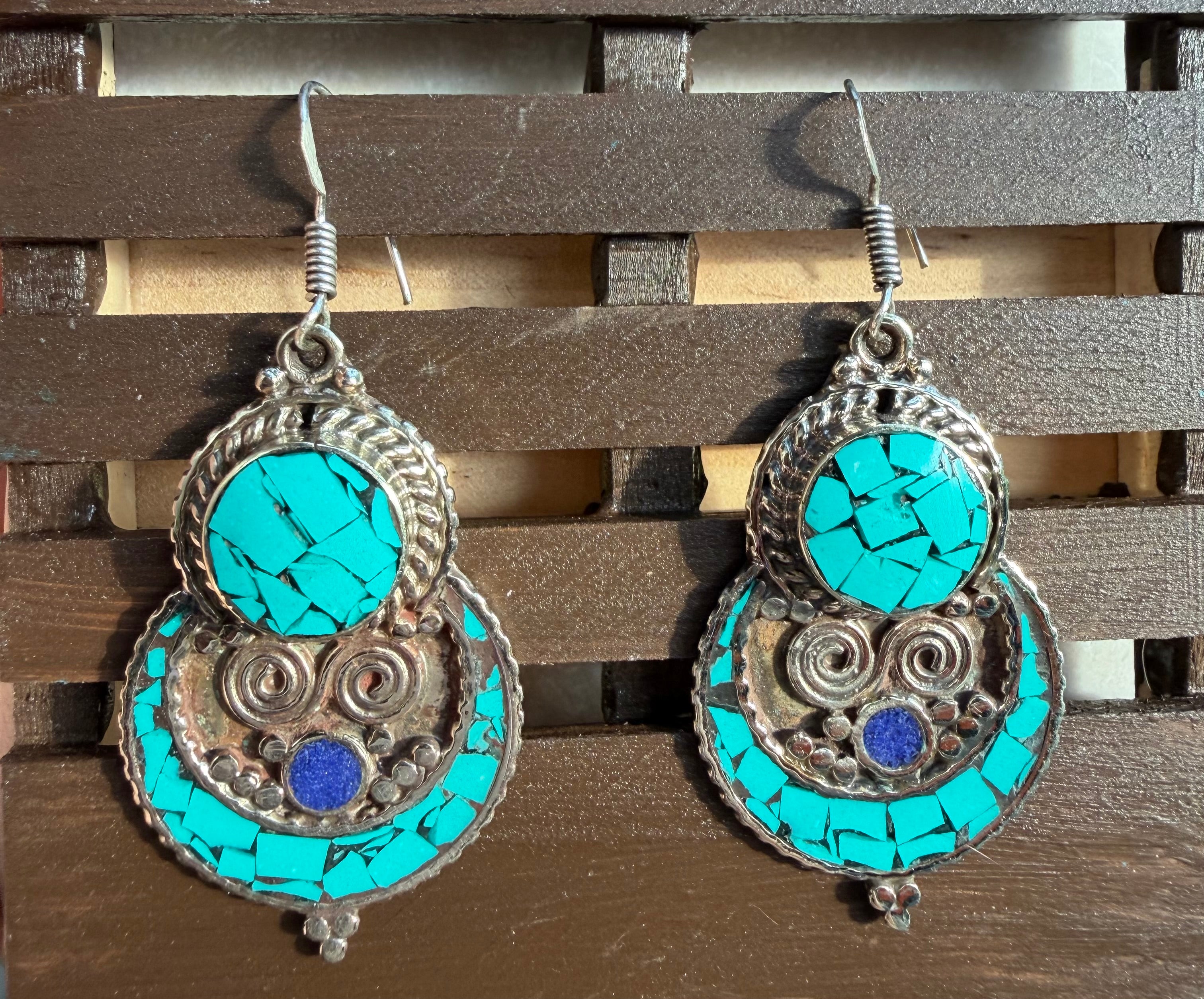 Southwestern Turquoise Mosaic & Lapis Statement Drop Earrings