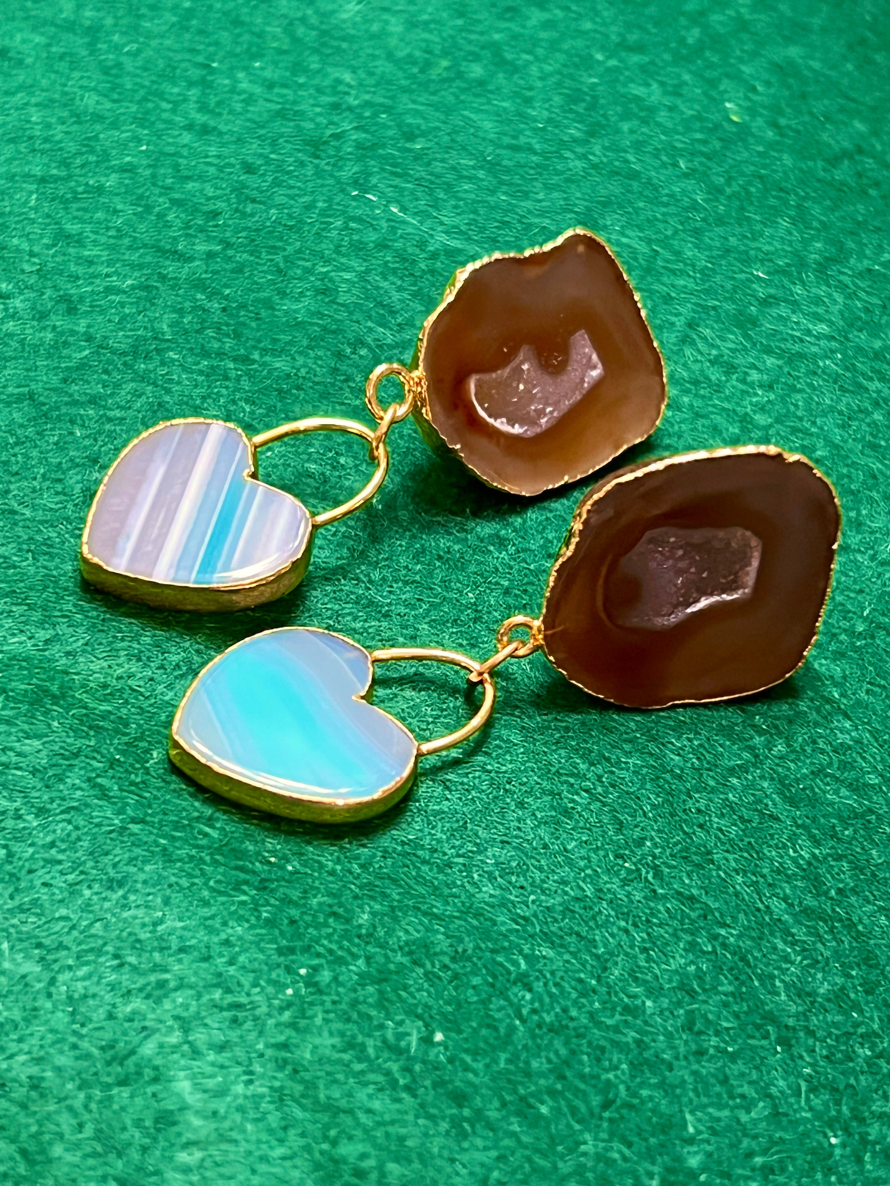 Handmade 14k Gold Druzy Plated Brass White Geode & Blue Heart Dangle Stud Earrings