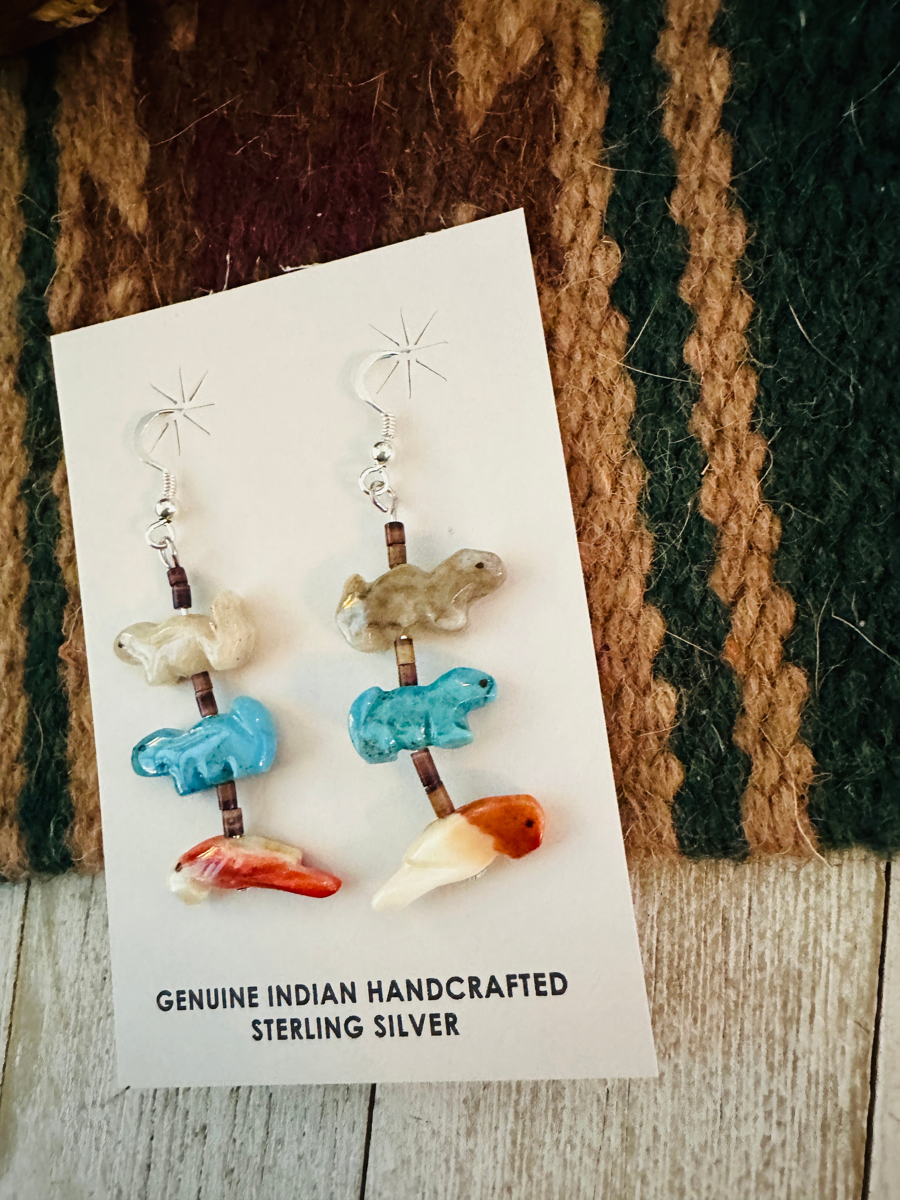 Zuni Multi Stone Beaded Fetish Dangle Earrings