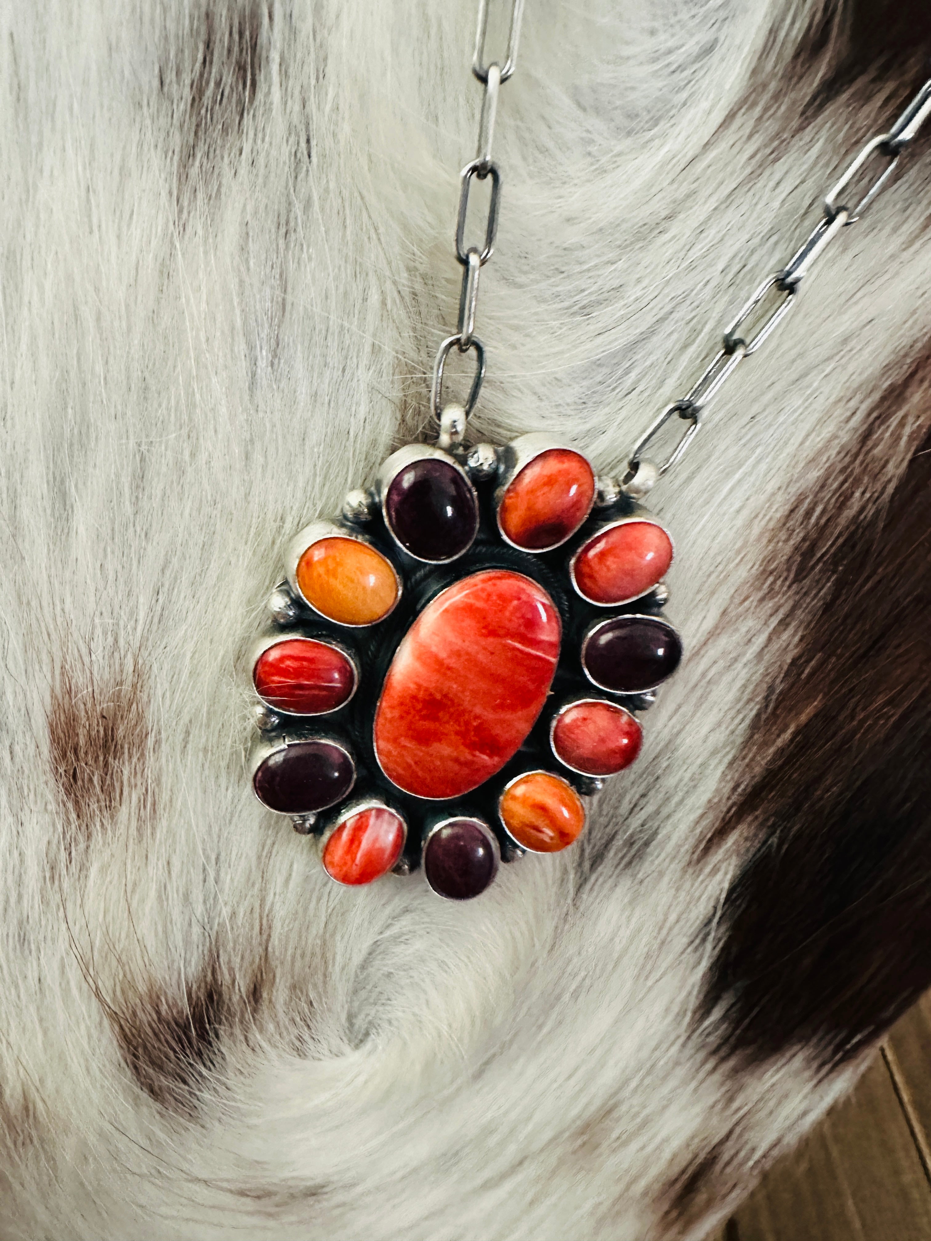 Handcrafted Multicolor Spiny Oyster & Sterling Silver Cluster Necklace by Sheila Becenti
