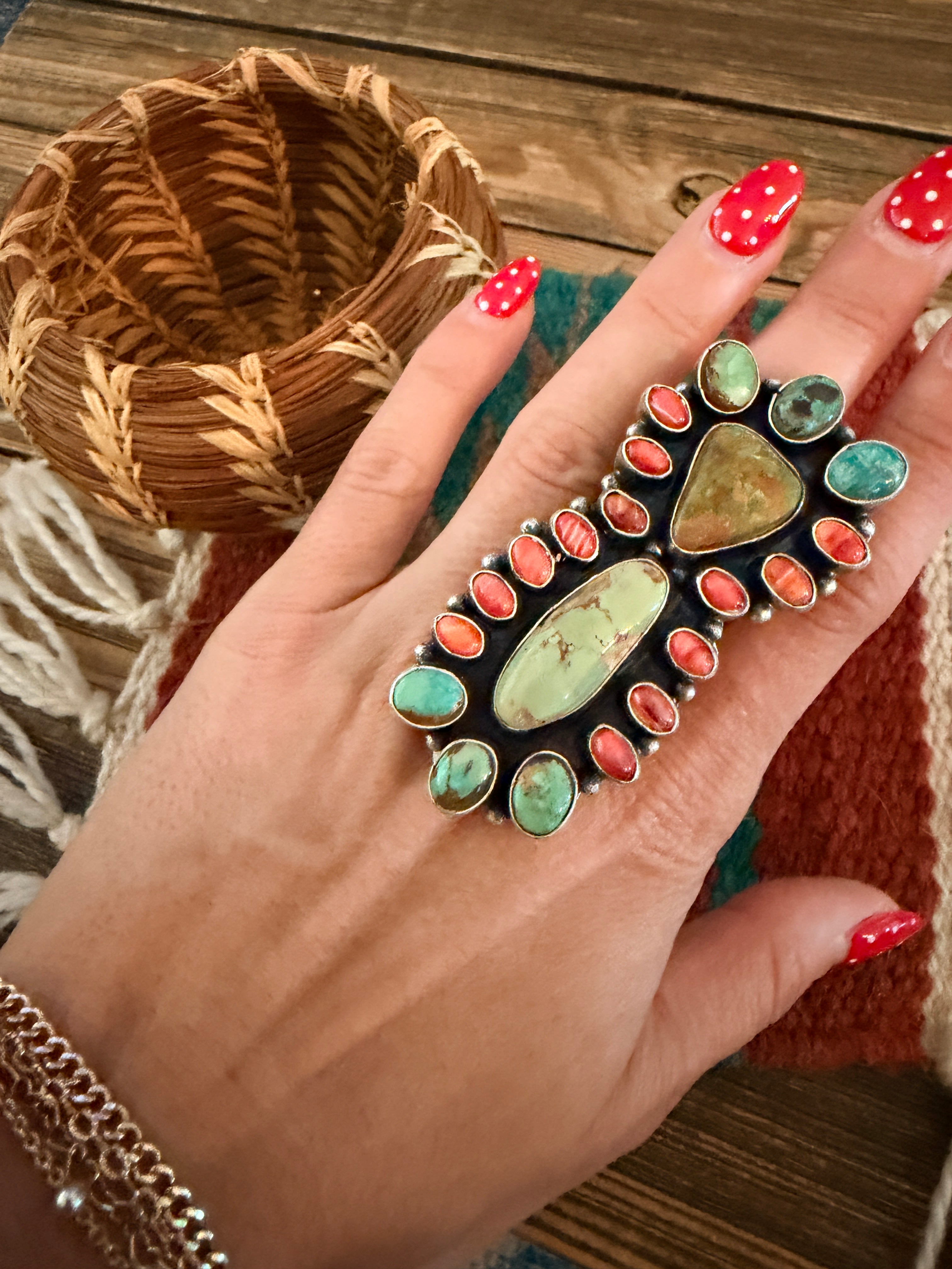 Handcrafted Spiny Oyster, Turquoise & Sterling Silver Cluster Ring by Sheila Becenti Size 10