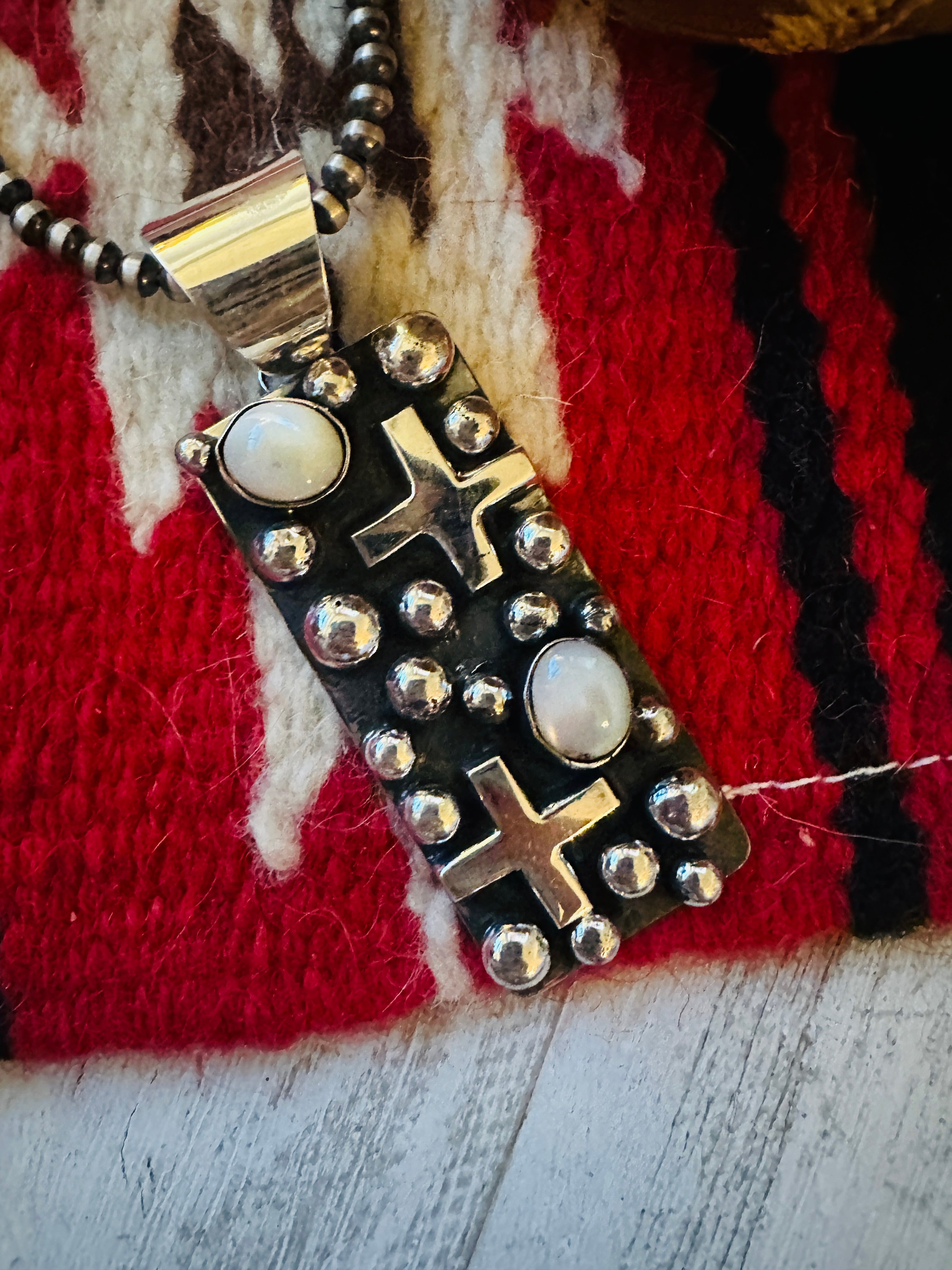 Navajo Sterling Silver & Mother of Pearl Cross Pendant by Chimney Butte