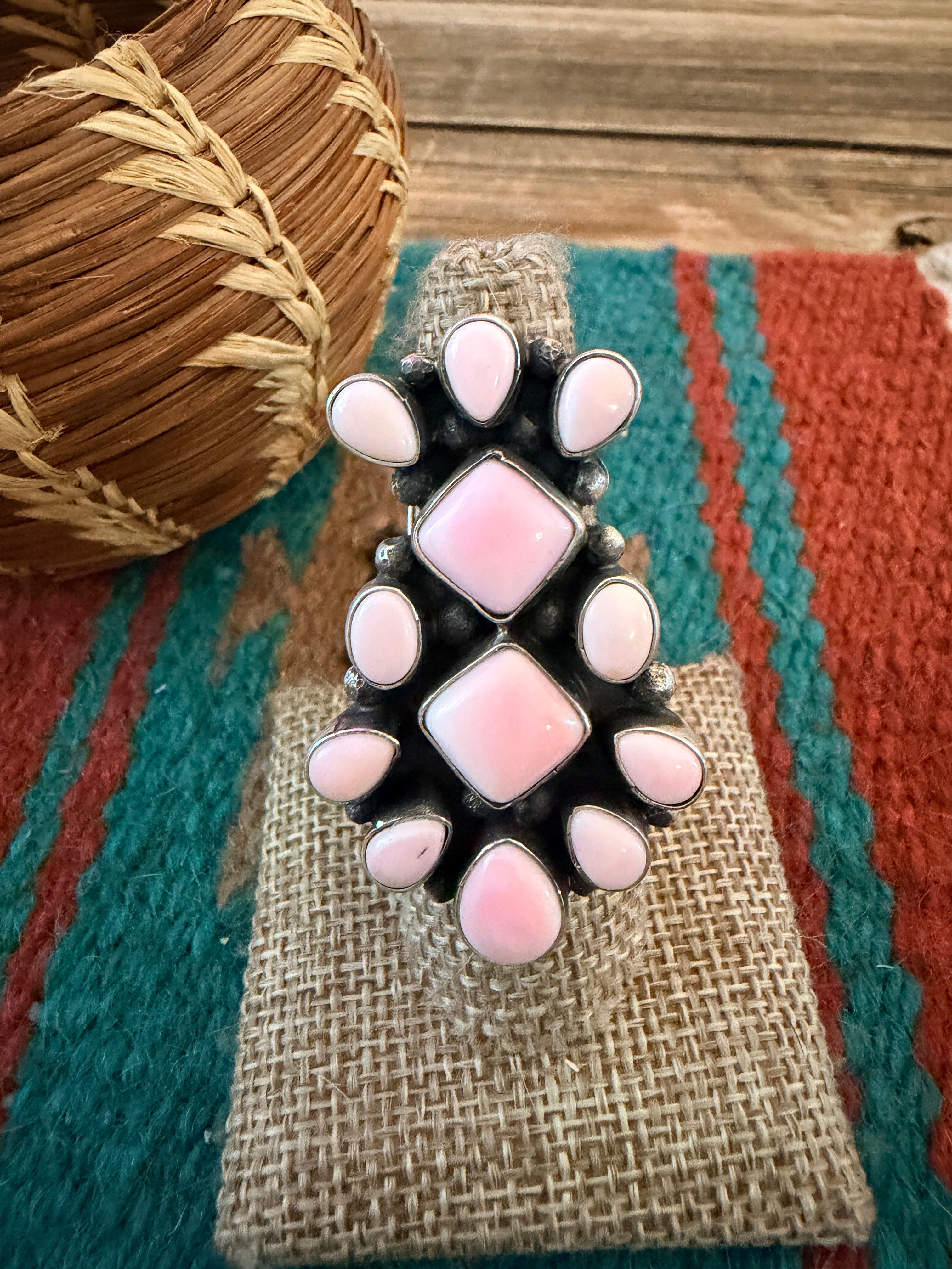 Handcrafted Queen Pink Conch & Sterling Silver Cluster Ring by Travis Jim