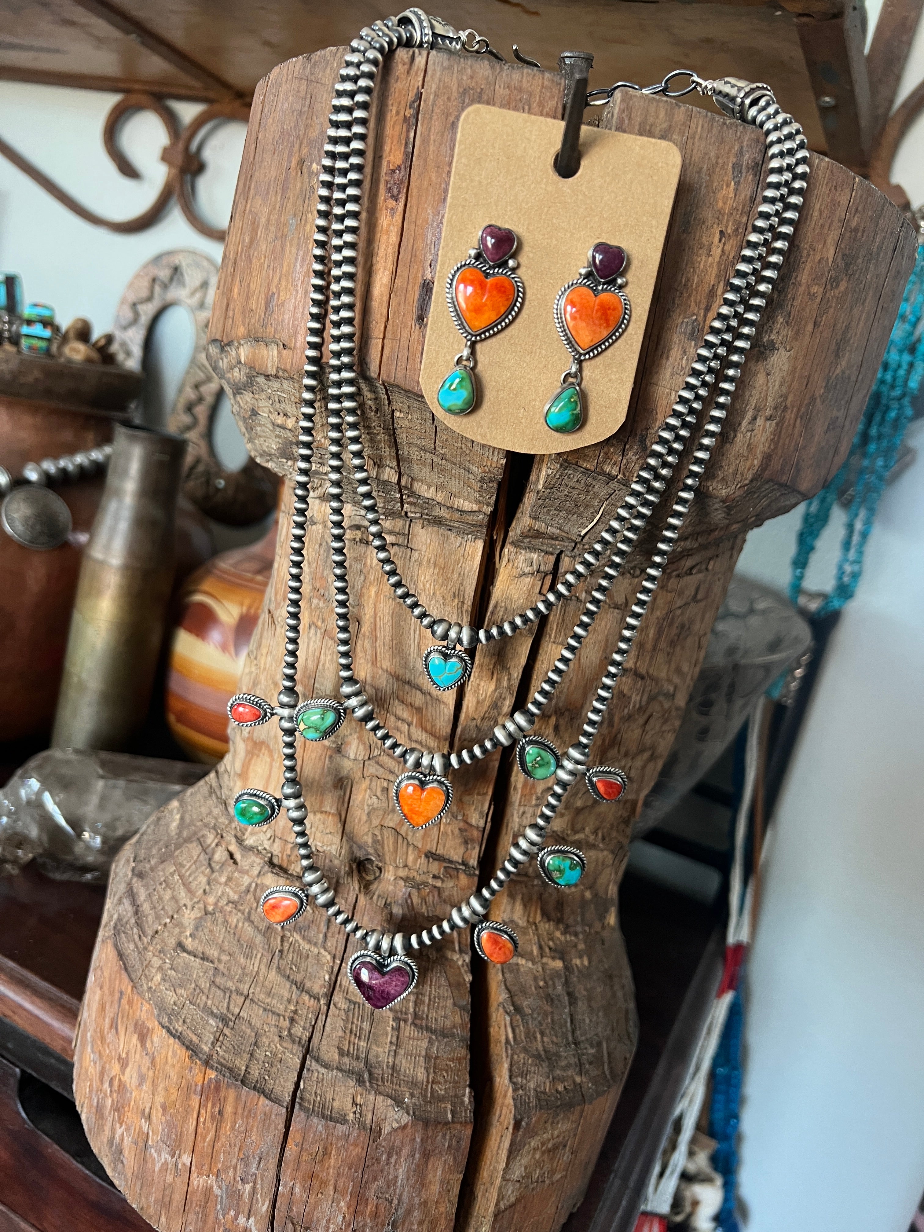 Sterling Silver Electric Rainbow Triple Layer Beaded Drop Heart Necklace & Earrings Set by Loretta Delgarito