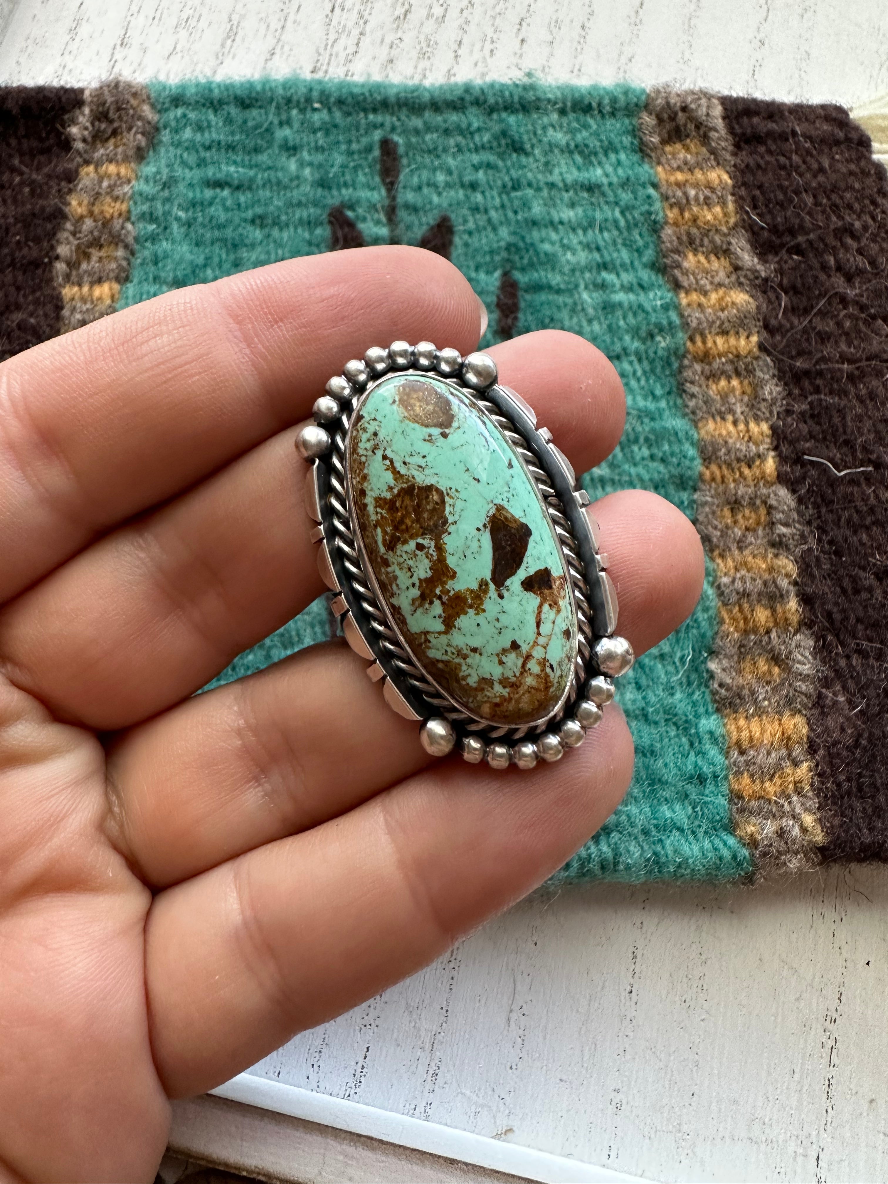 Gorgeous Navajo Sterling Silver & Turquoise Adjustable Ring Signed LK