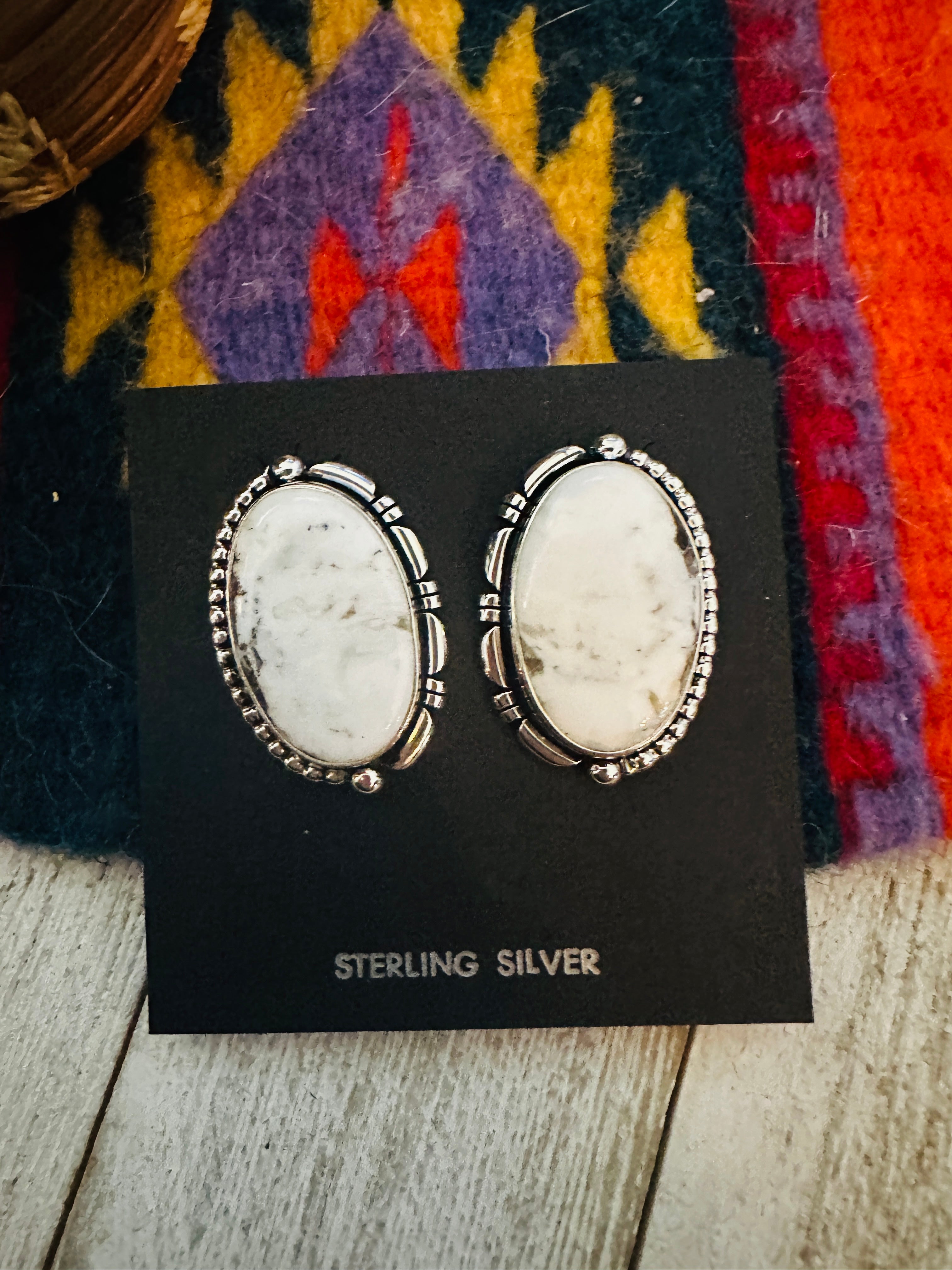 Navajo White Buffalo & Sterling Silver Post Earrings