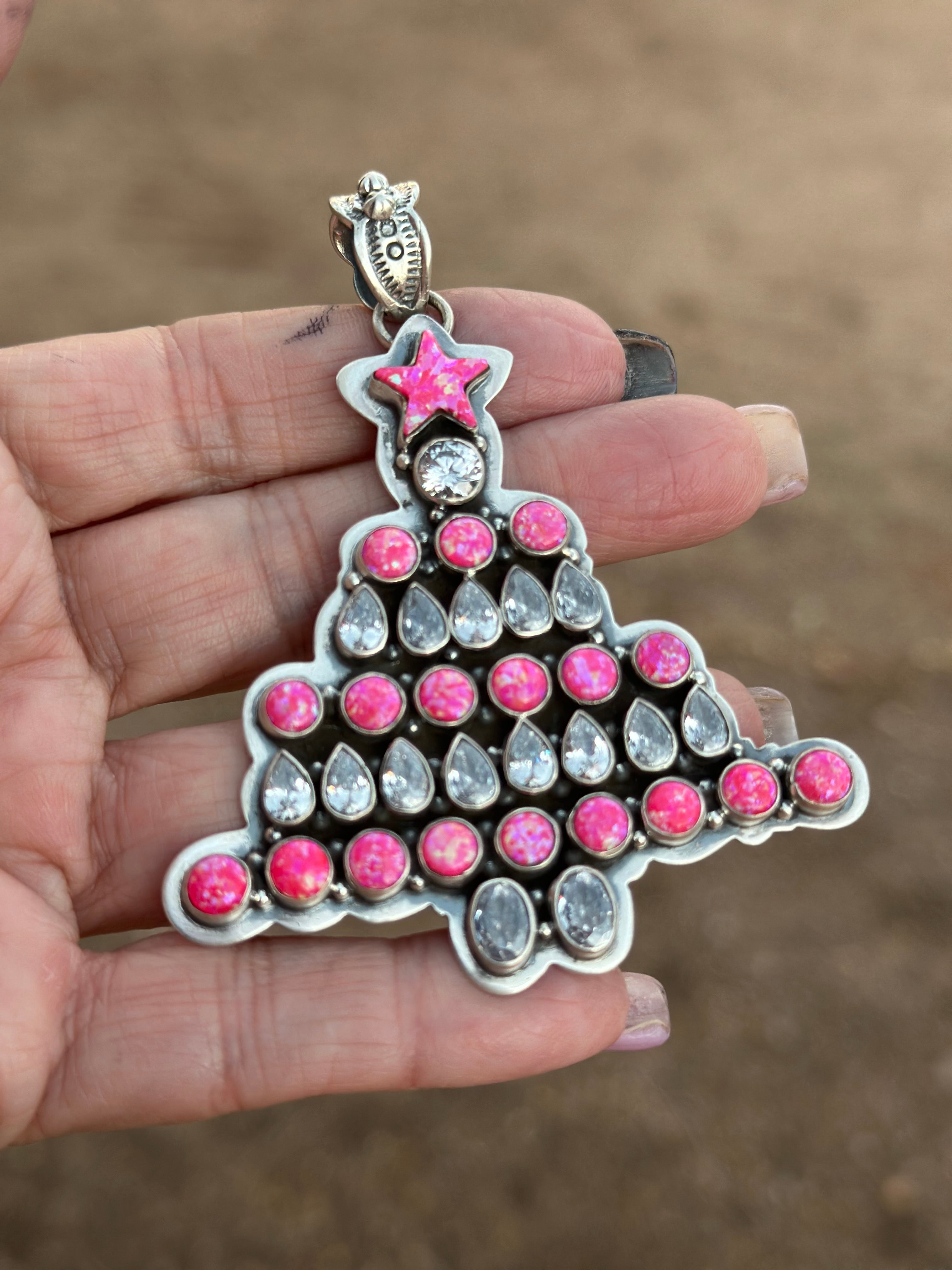 Handmade Sterling Silver & Hot Pink Opal Christmas Tree Pendant