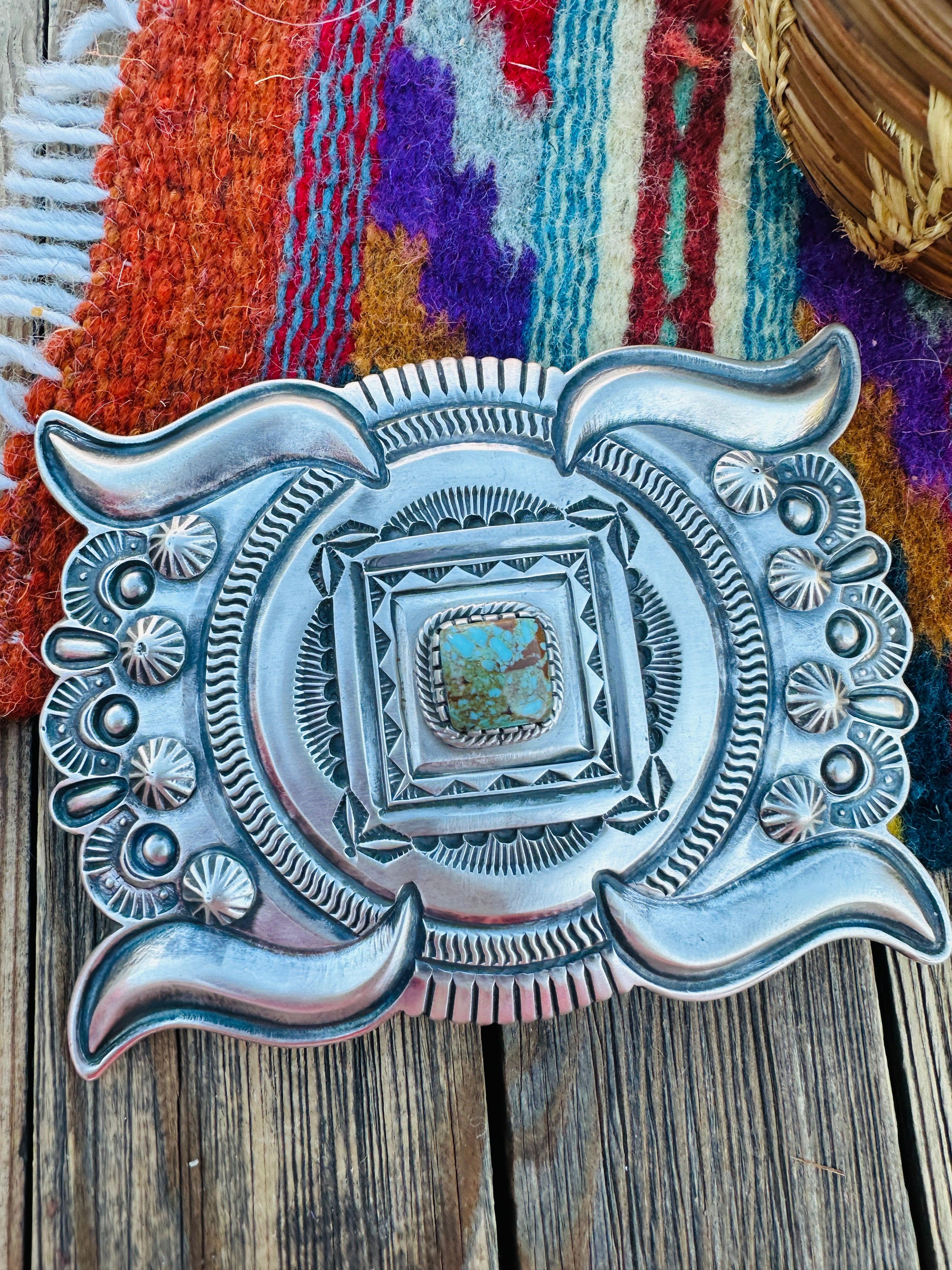 Handcrafted Number 8 Turquoise & Sterling Silver Belt Buckle by Roland Dixson