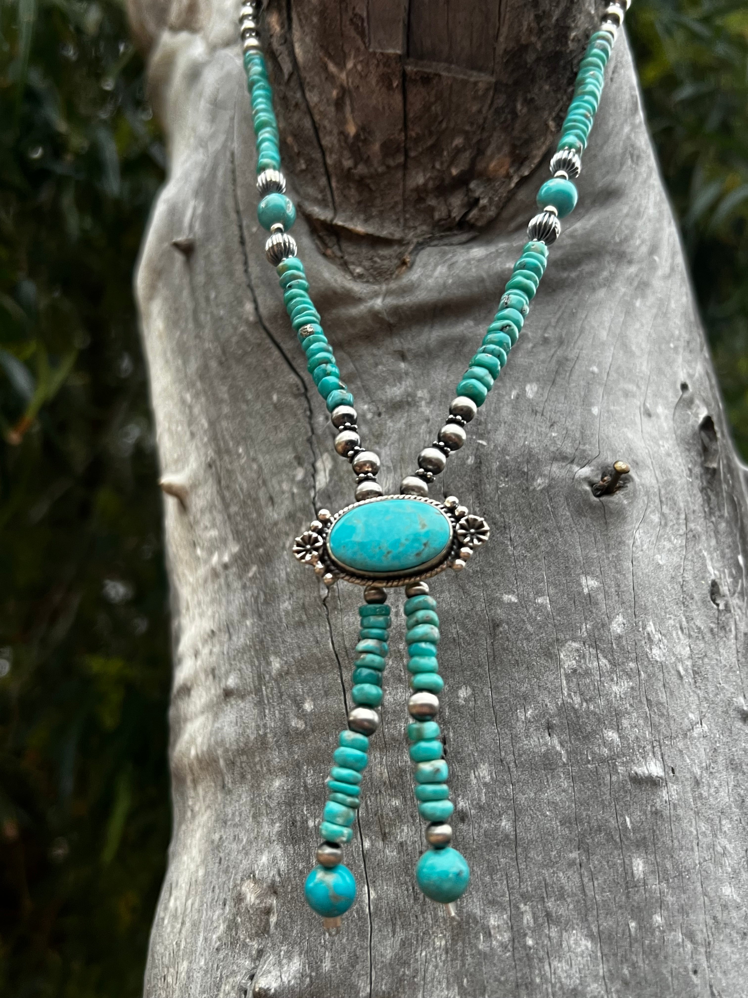 Handmade Sterling Silver Heishi Beaded Turquoise Tassel Bolo Necklace