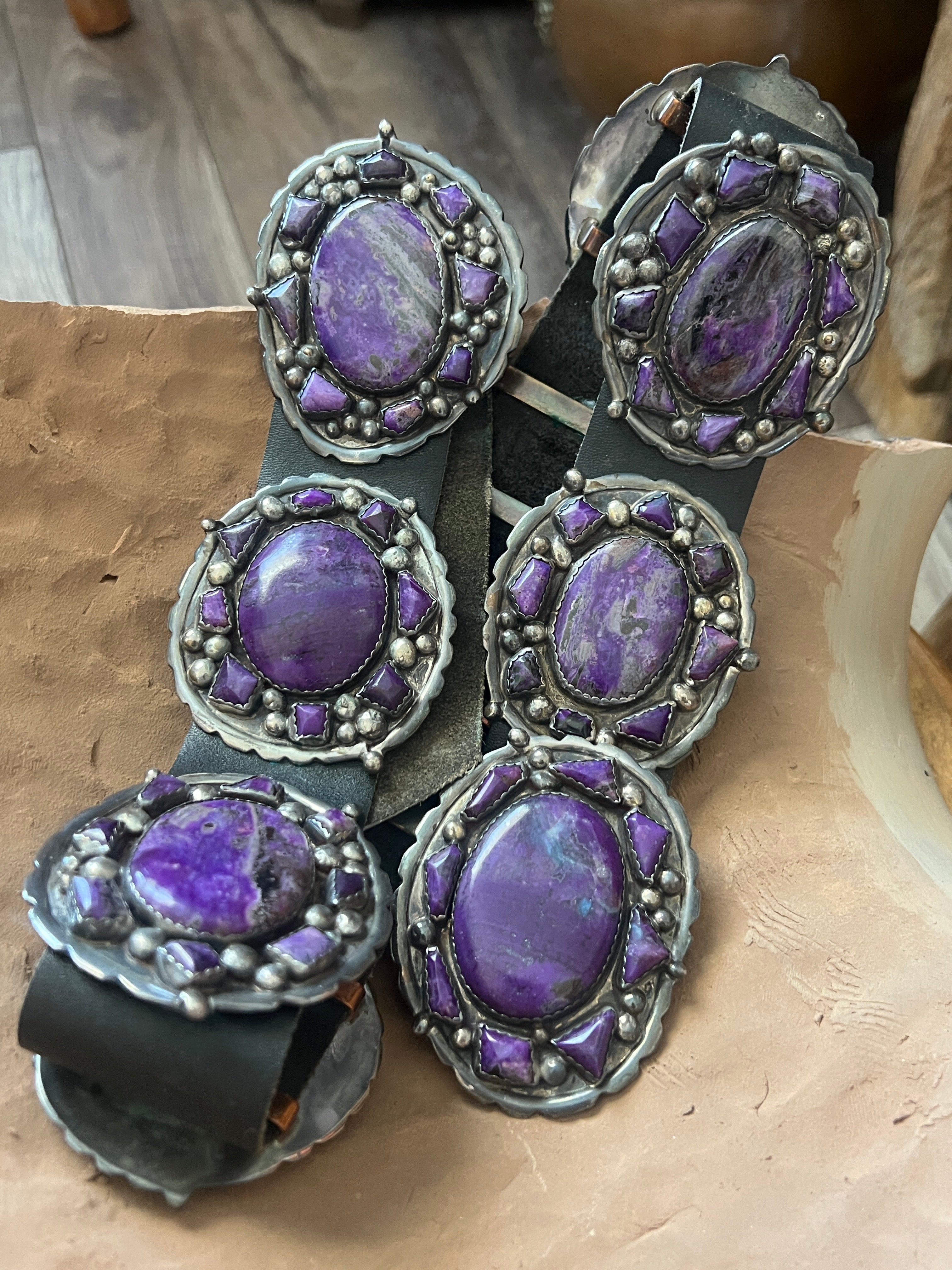 Gorgeous Old Pawn Handcrafted Sterling Silver and Purple Sodalite Concho Belt by Eric & Carol Fierro