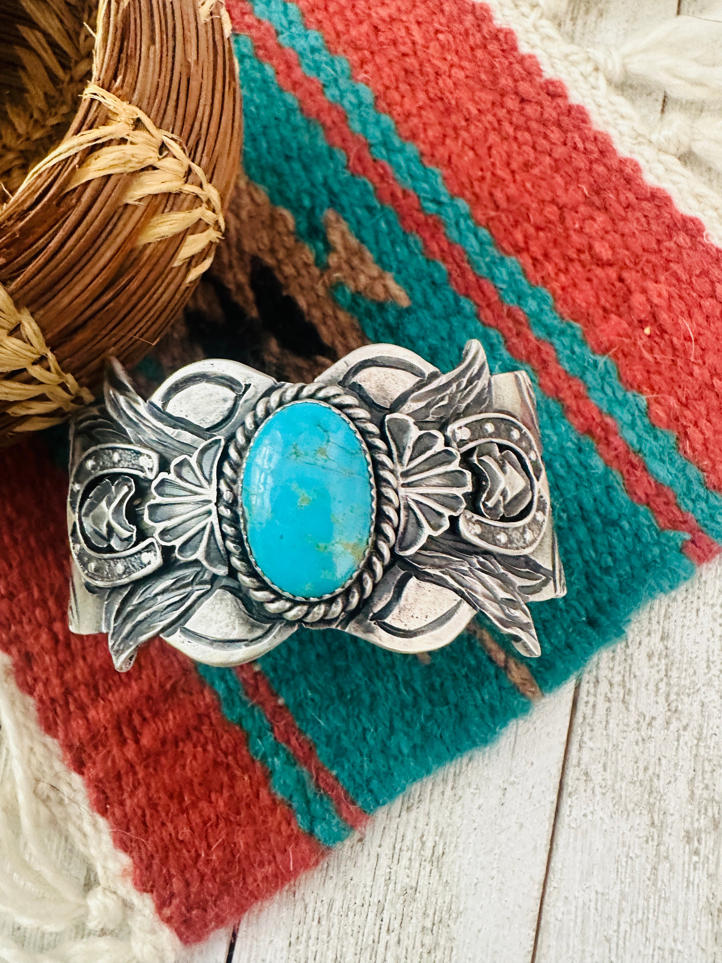 Navajo Turquoise & Sterling Silver Horse Cuff Bracelet by Kevin Billah