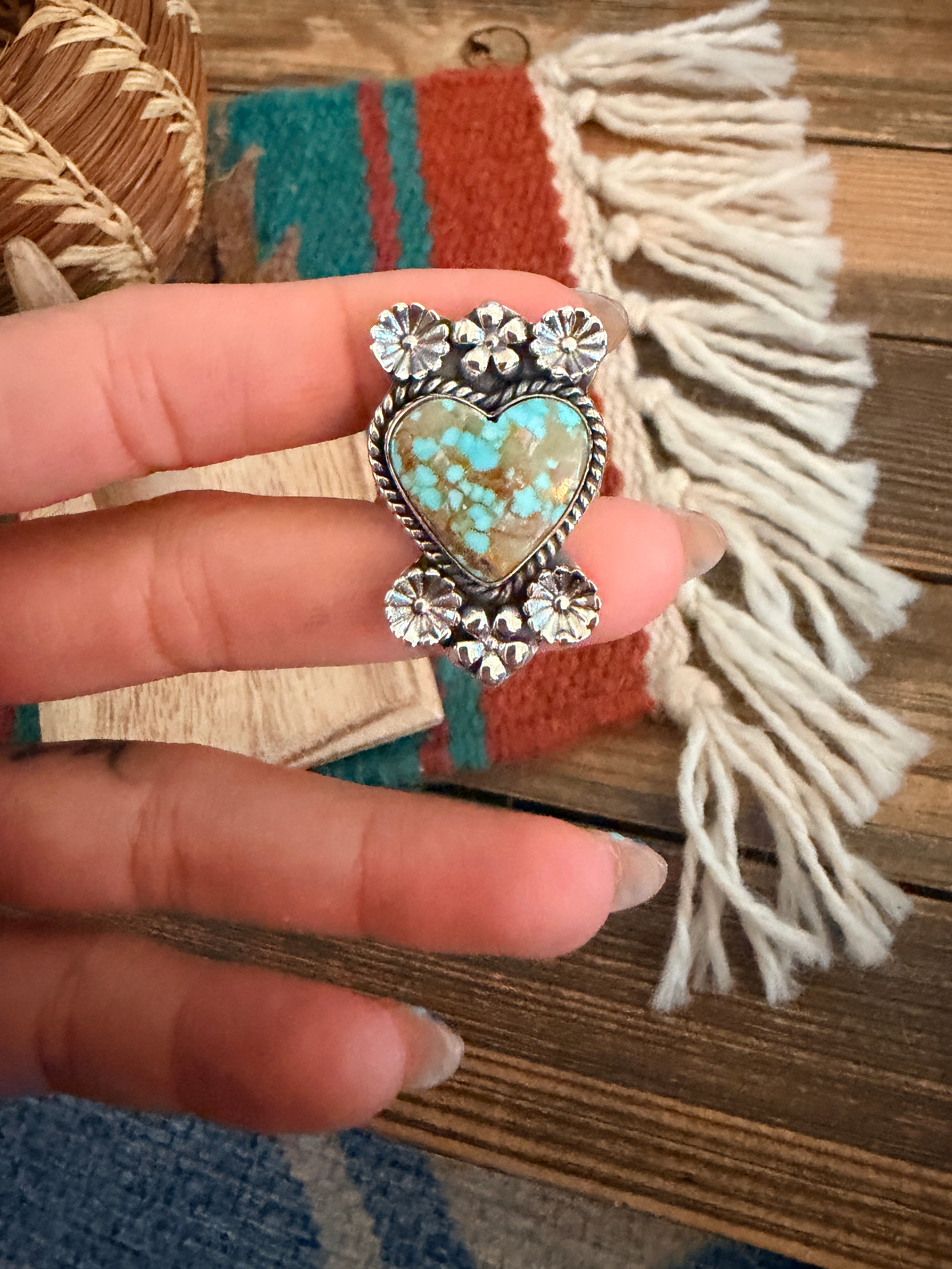 Handmade Sterling Silver Number 8 Turquoise Adjustable Heart Ring Signed Nizhoni