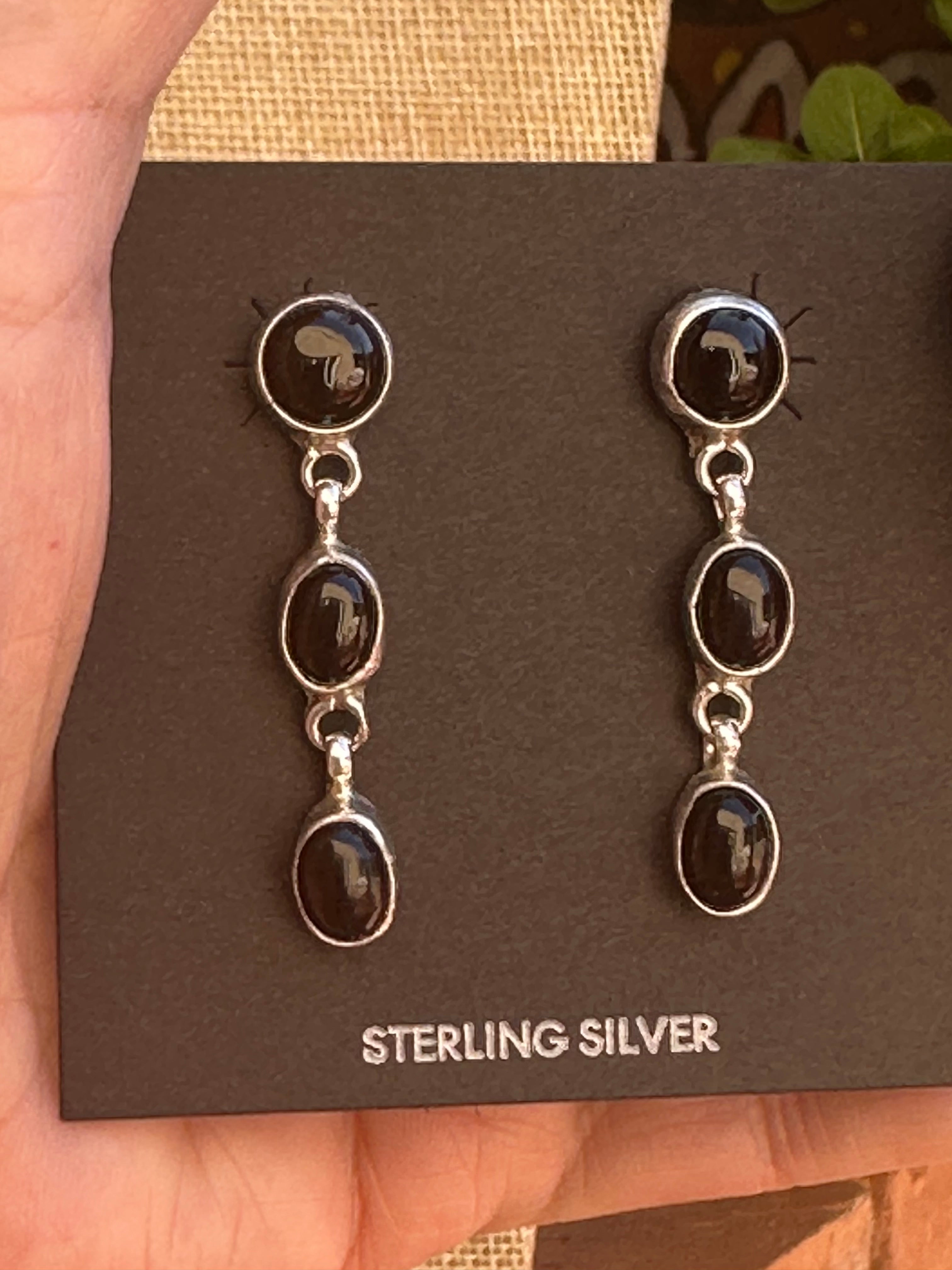 Navajo Made Black Onyx & Sterling Silver 3 Stone Dangle Earrings