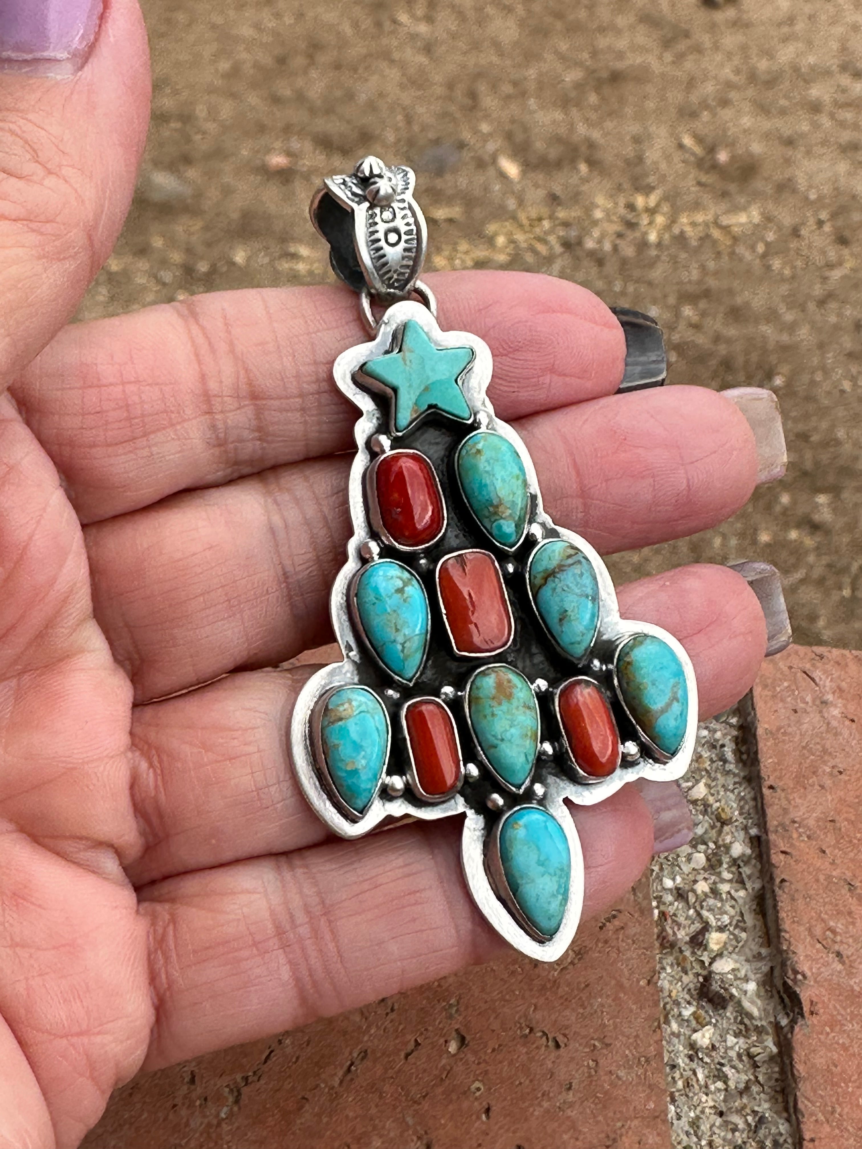 Handmade Sterling Silver, Coral & Turquoise Christmas Tree Pendant