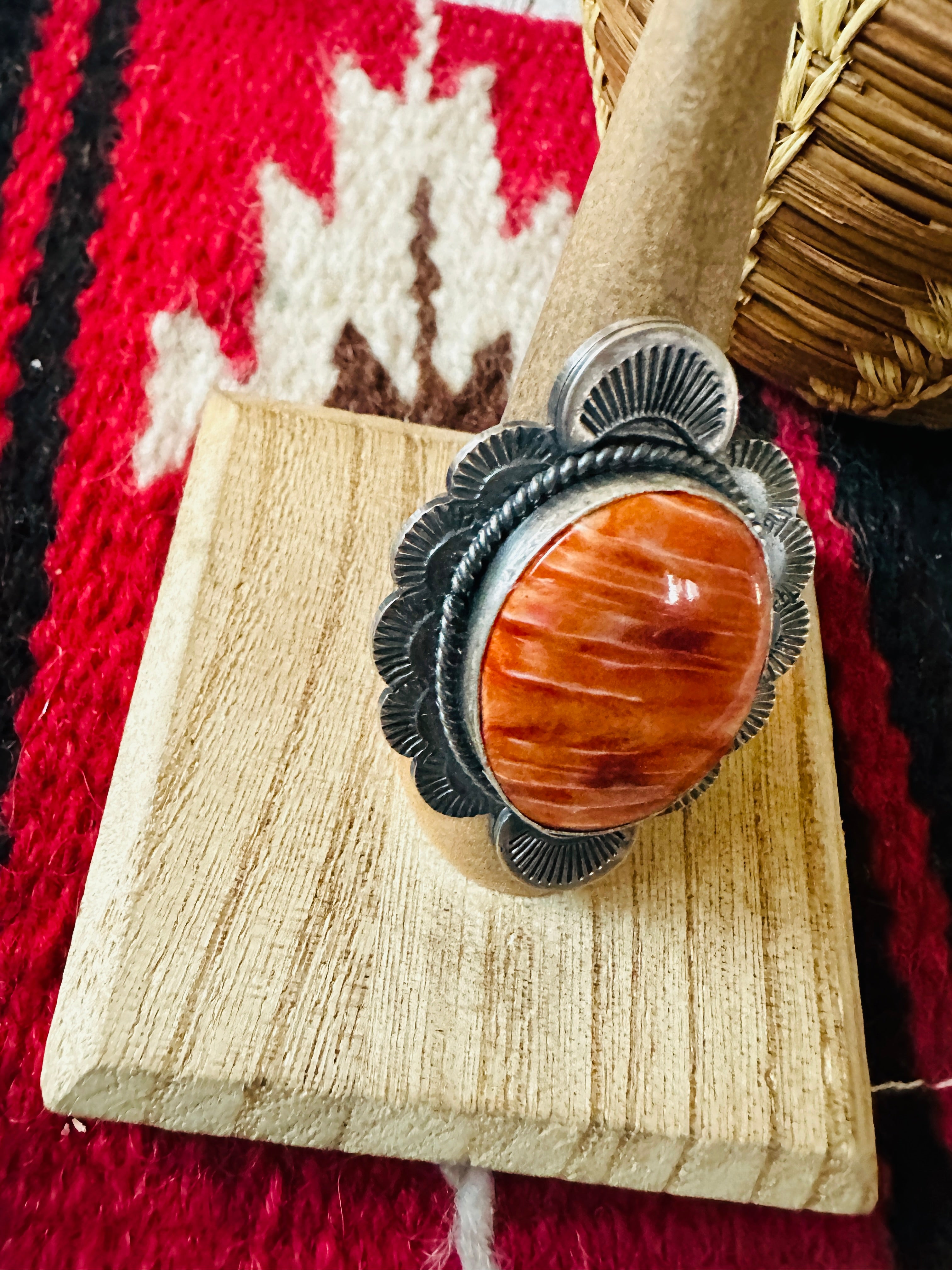 Navajo Sterling Silver & Orange Spiny Ring Size 8