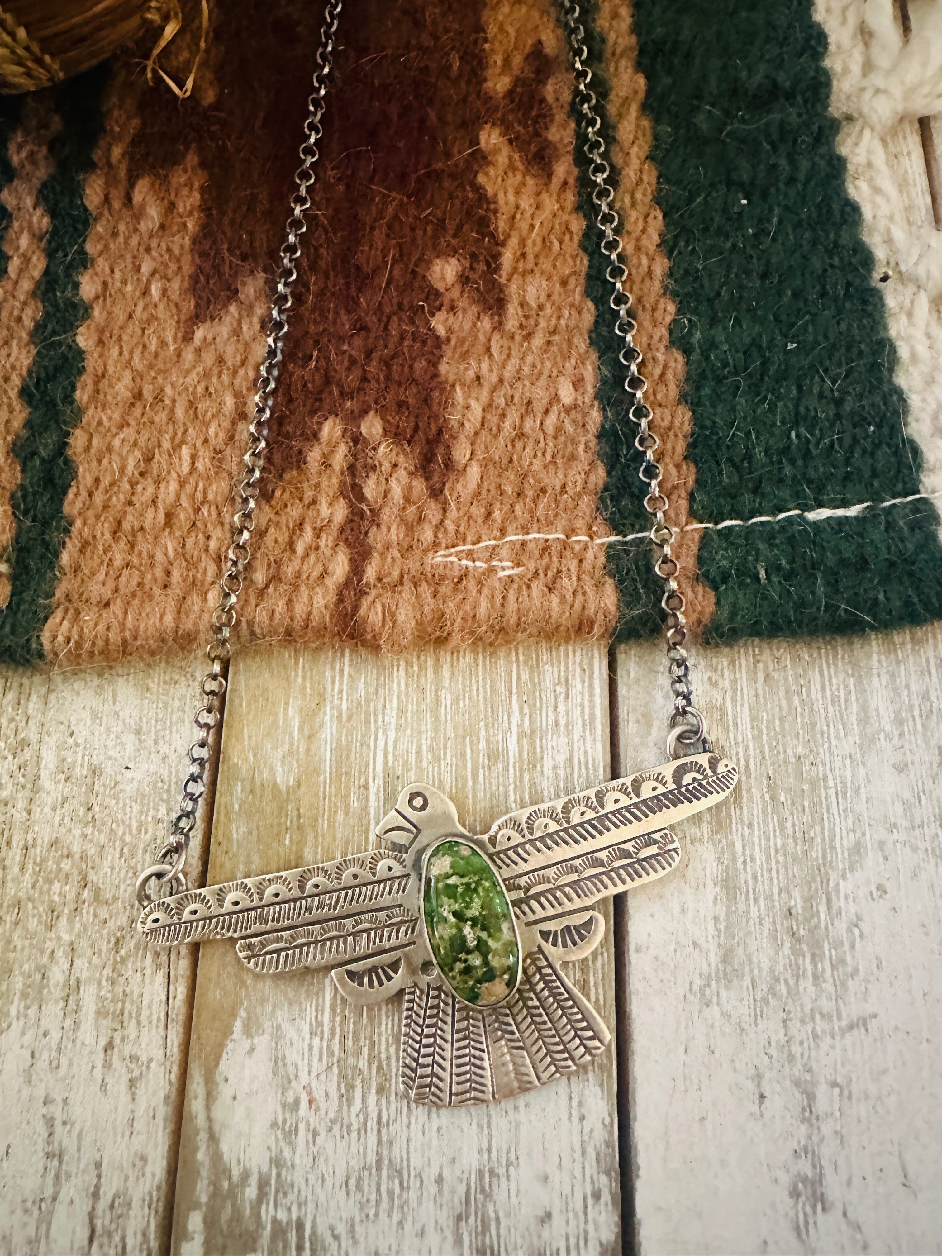 Handcrafted Turquoise & Sterling Silver Thunderbird Necklace by Russell Sam