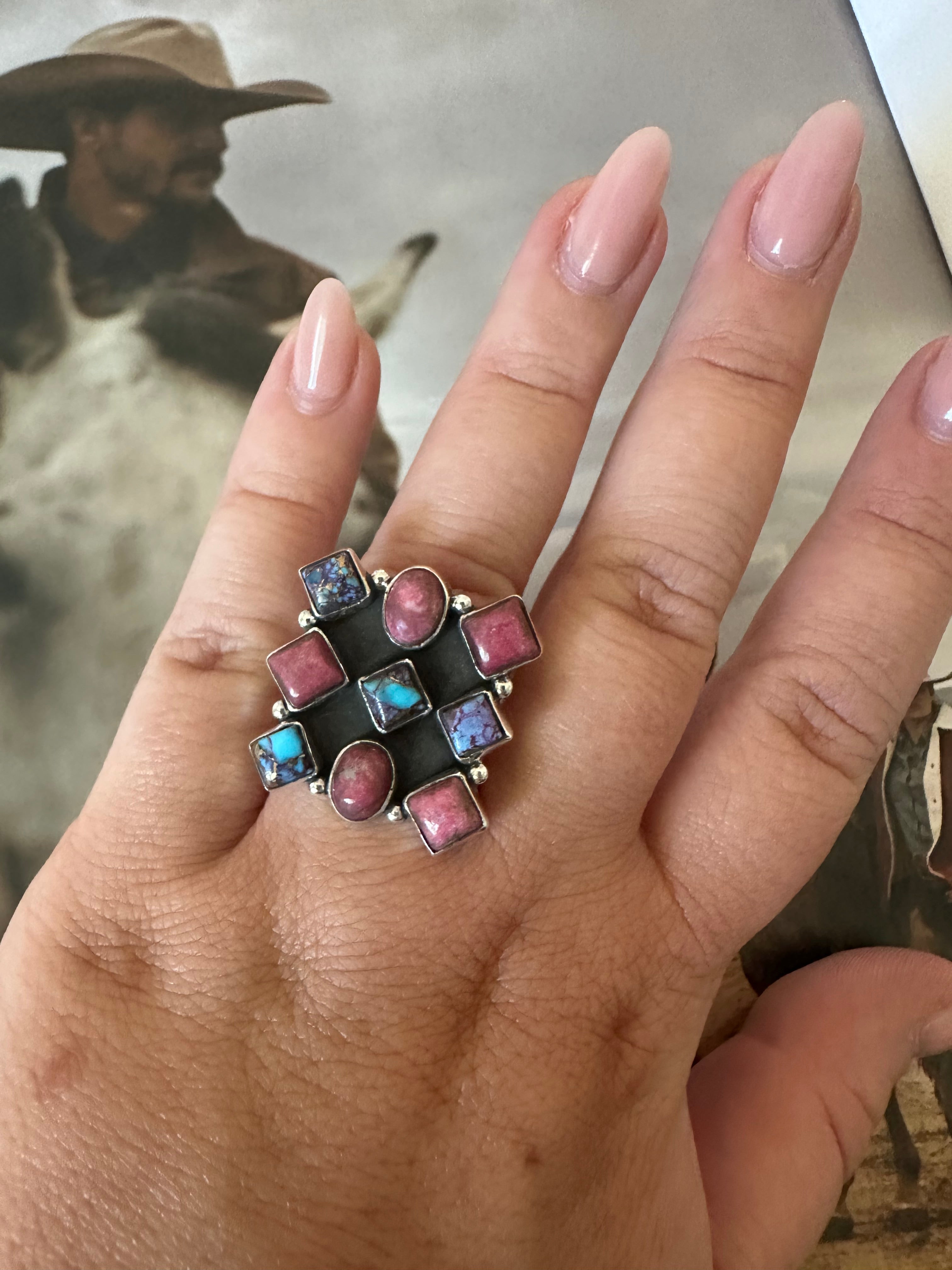 Handmade Rhodonite, Purple Dream Mojave And Sterling Silver Adjustable Ring