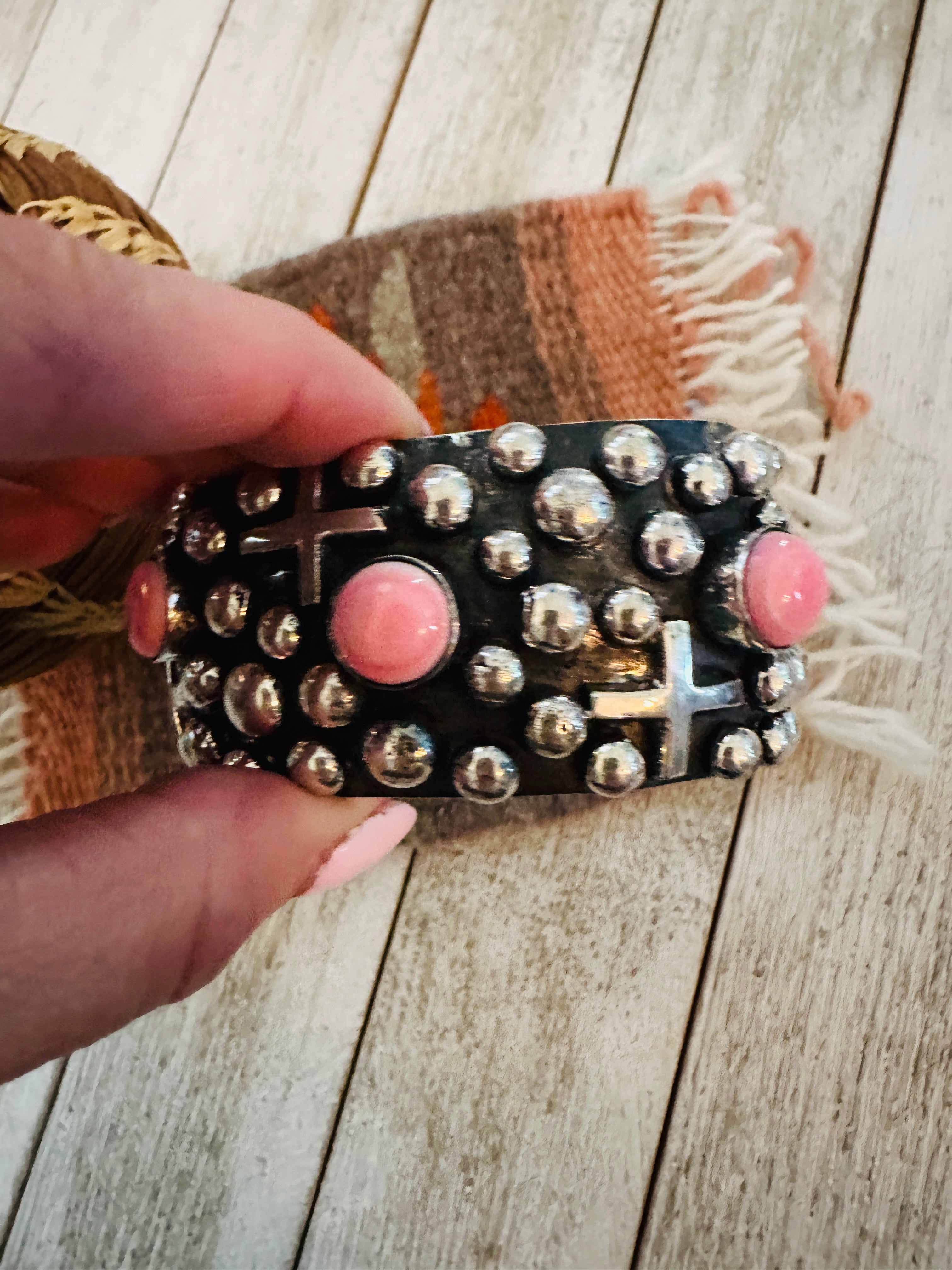 Handcrafted Queen Pink & Sterling Silver Cross Cuff Bracelet By Chimney Butte