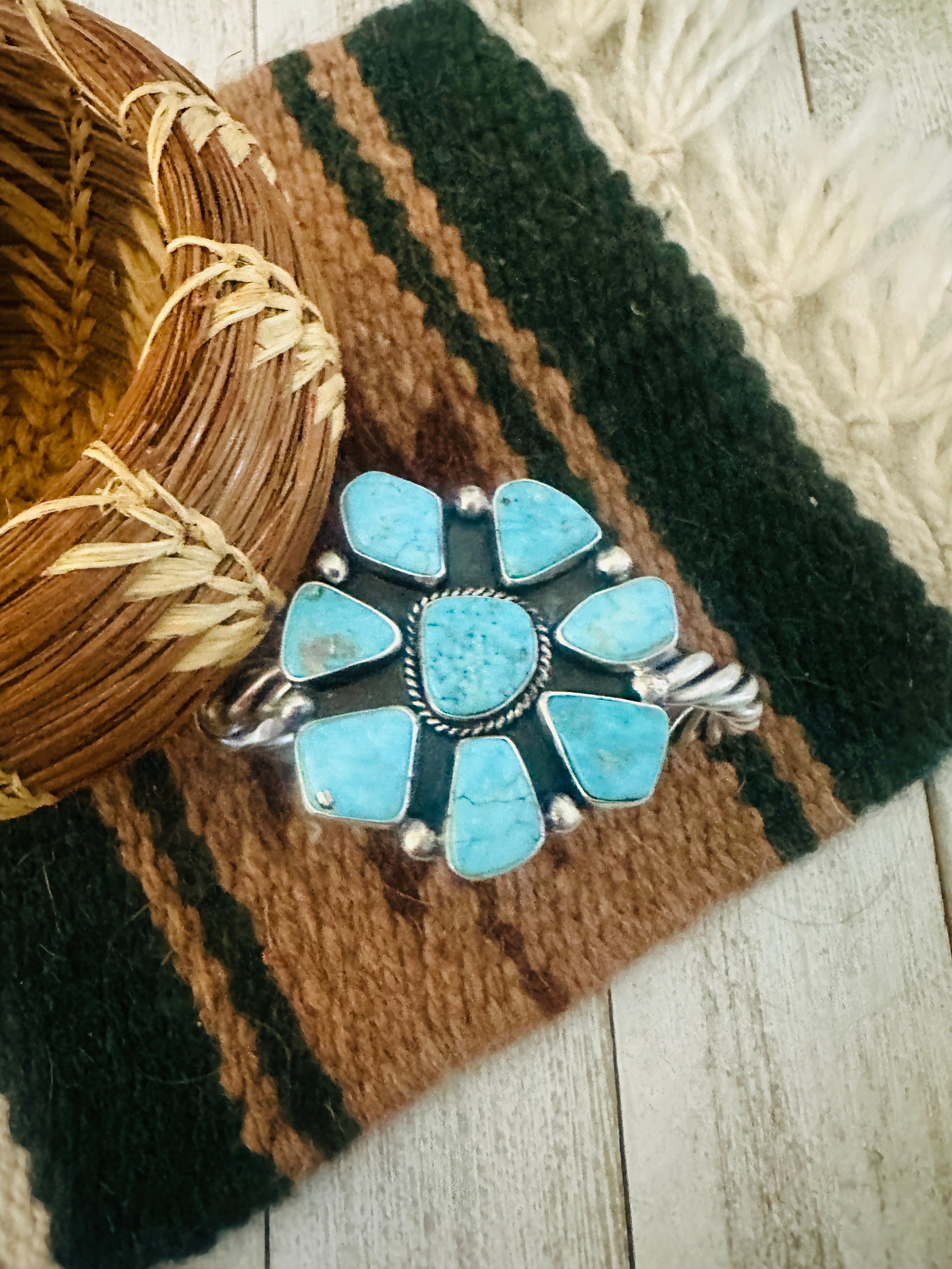 Navajo Kingman Turquoise & Sterling Silver Cluster Cuff Bracelet