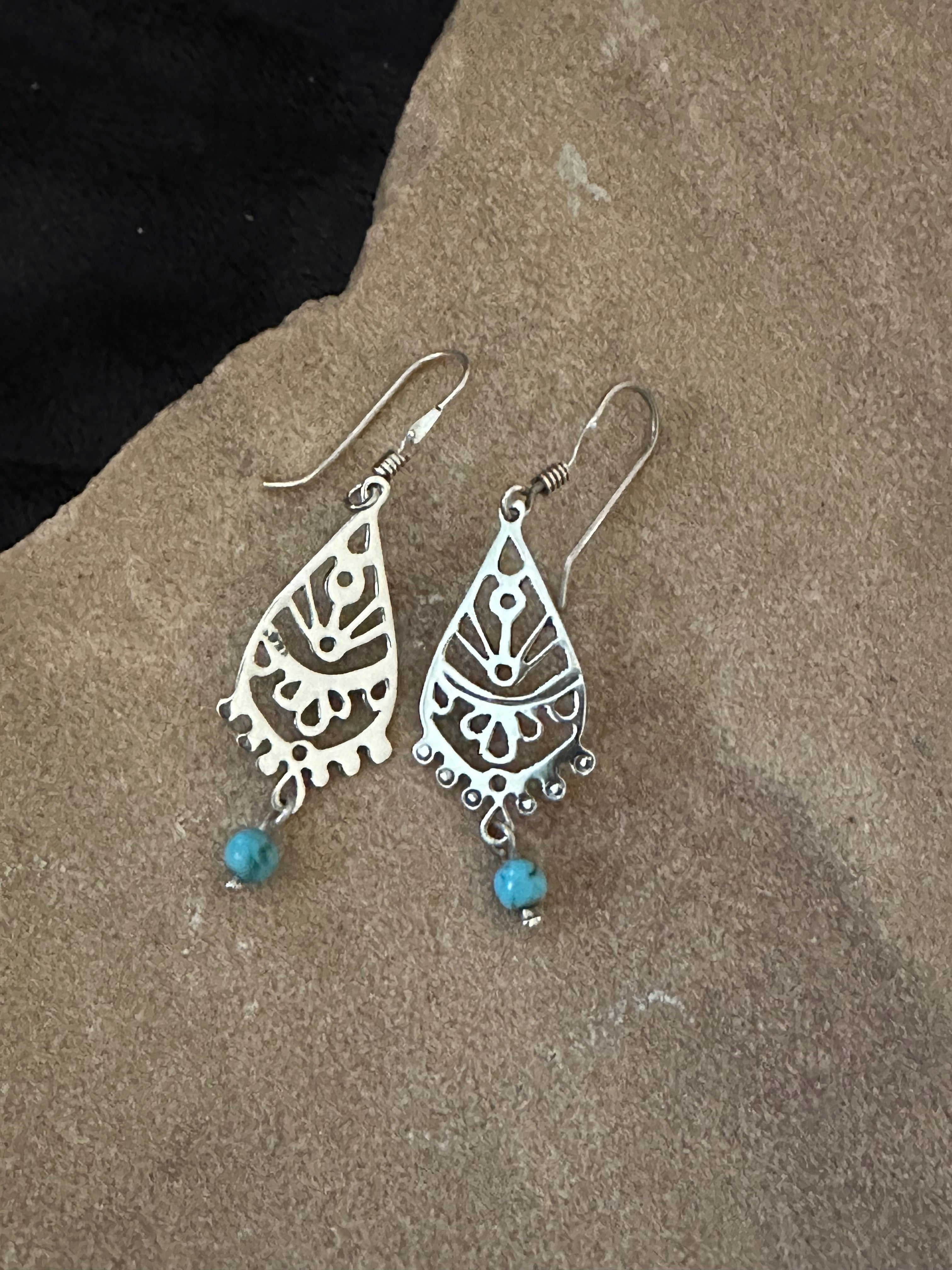 Ornate Teardrop Earrings w/ Turquoise Bead