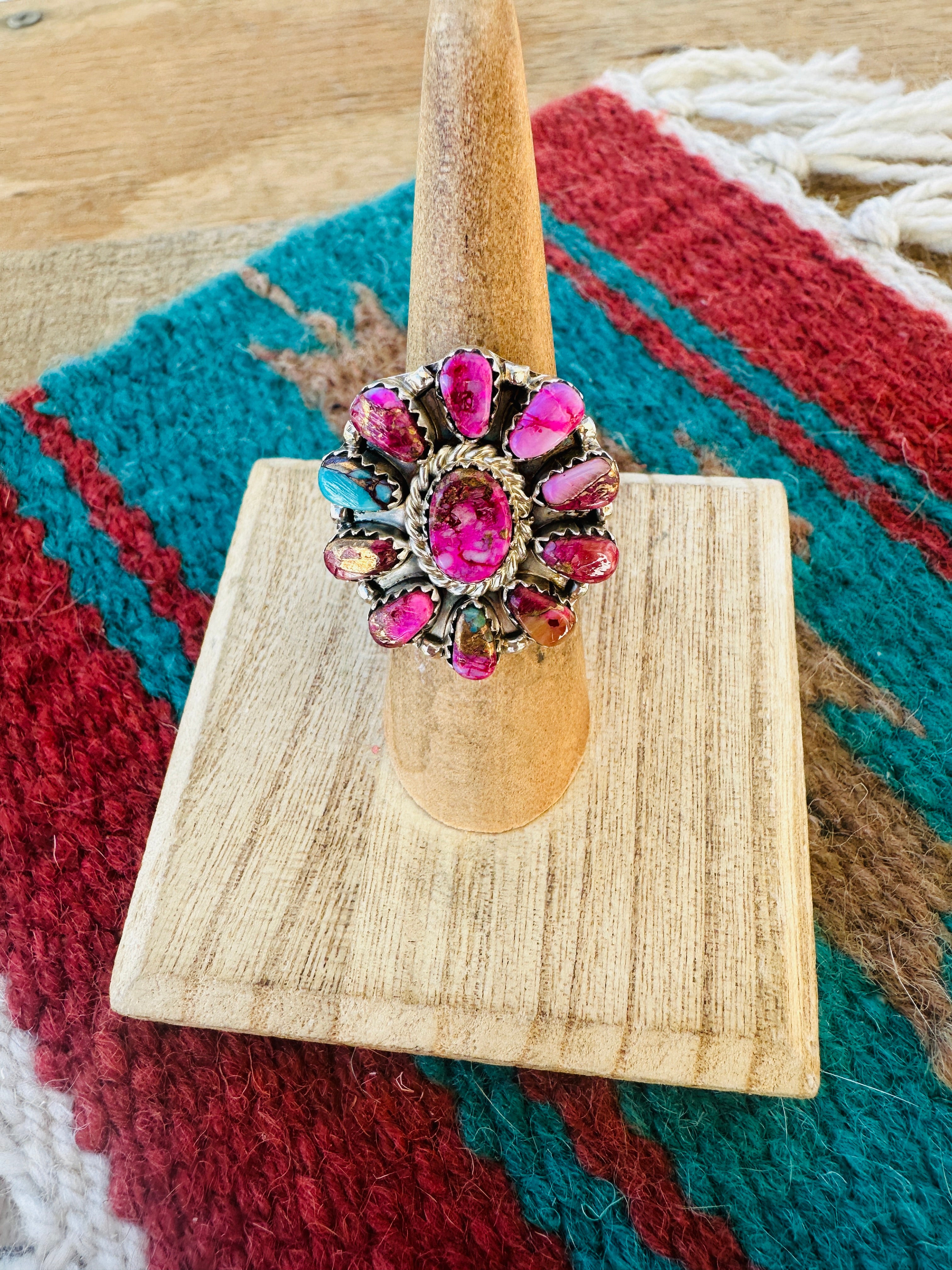 Navajo Pink Dream  & Sterling Silver Cluster Adjustable Ring