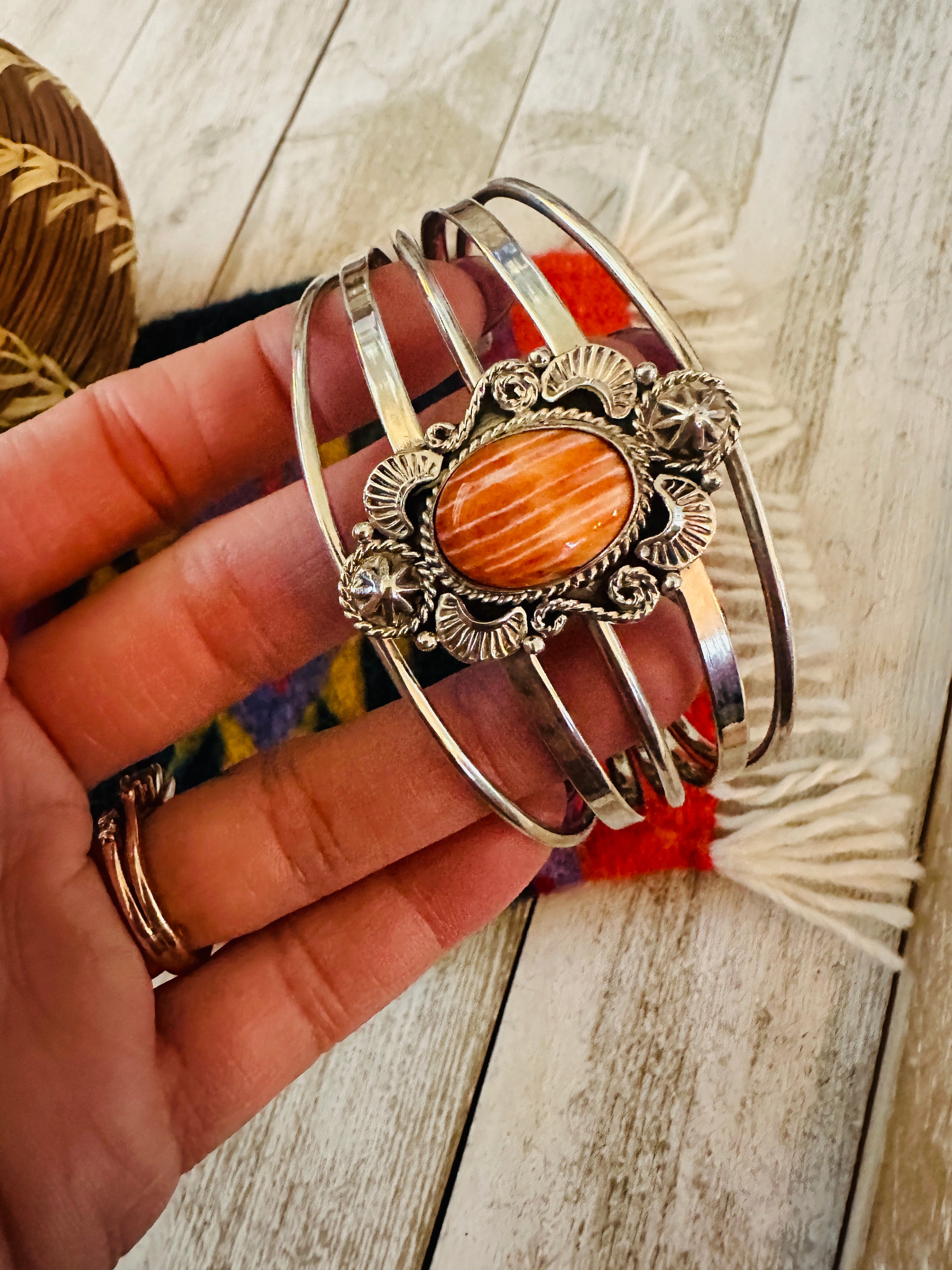 Navajo Sterling Silver & Orange Spiny Oyster Cuff Bracelet