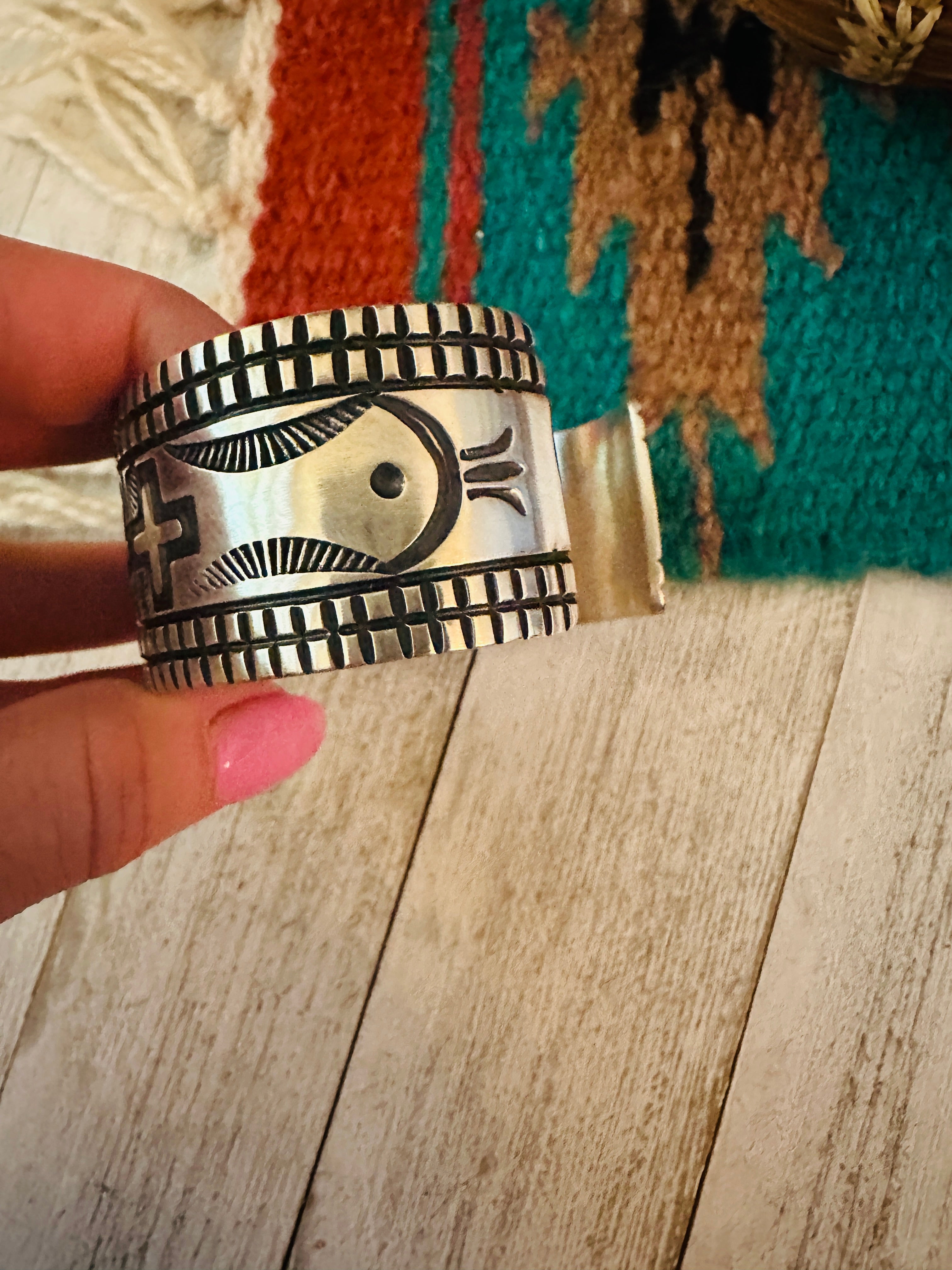 Navajo Hand Stamped Sterling Silver Cross Cuff Bracelet By Elvira Bill