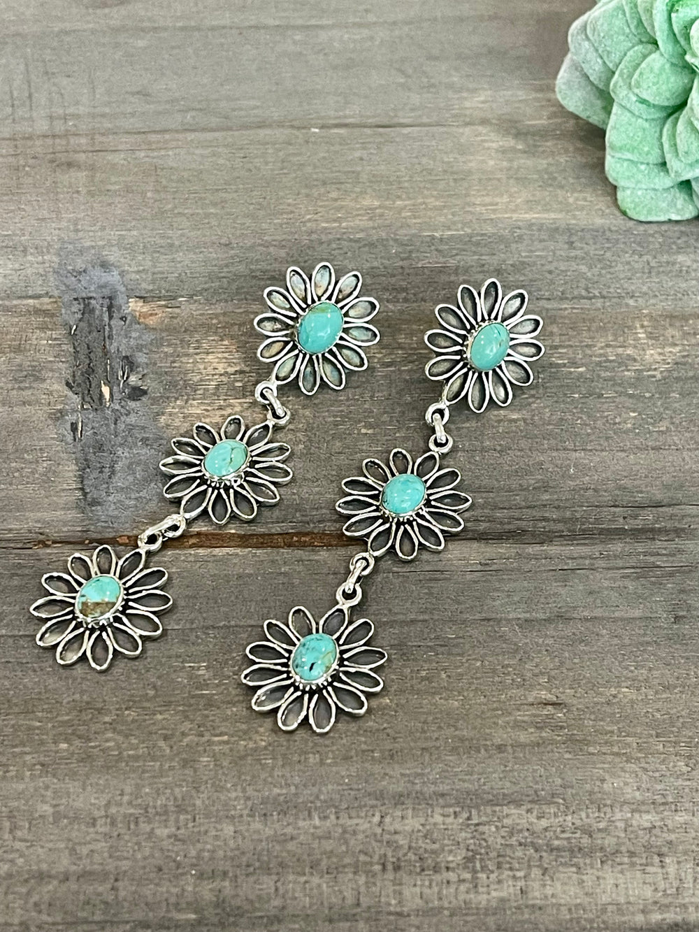 Handmade Flower Sterling Silver & Turquoise Post Dangle Earrings Signed Nizhoni