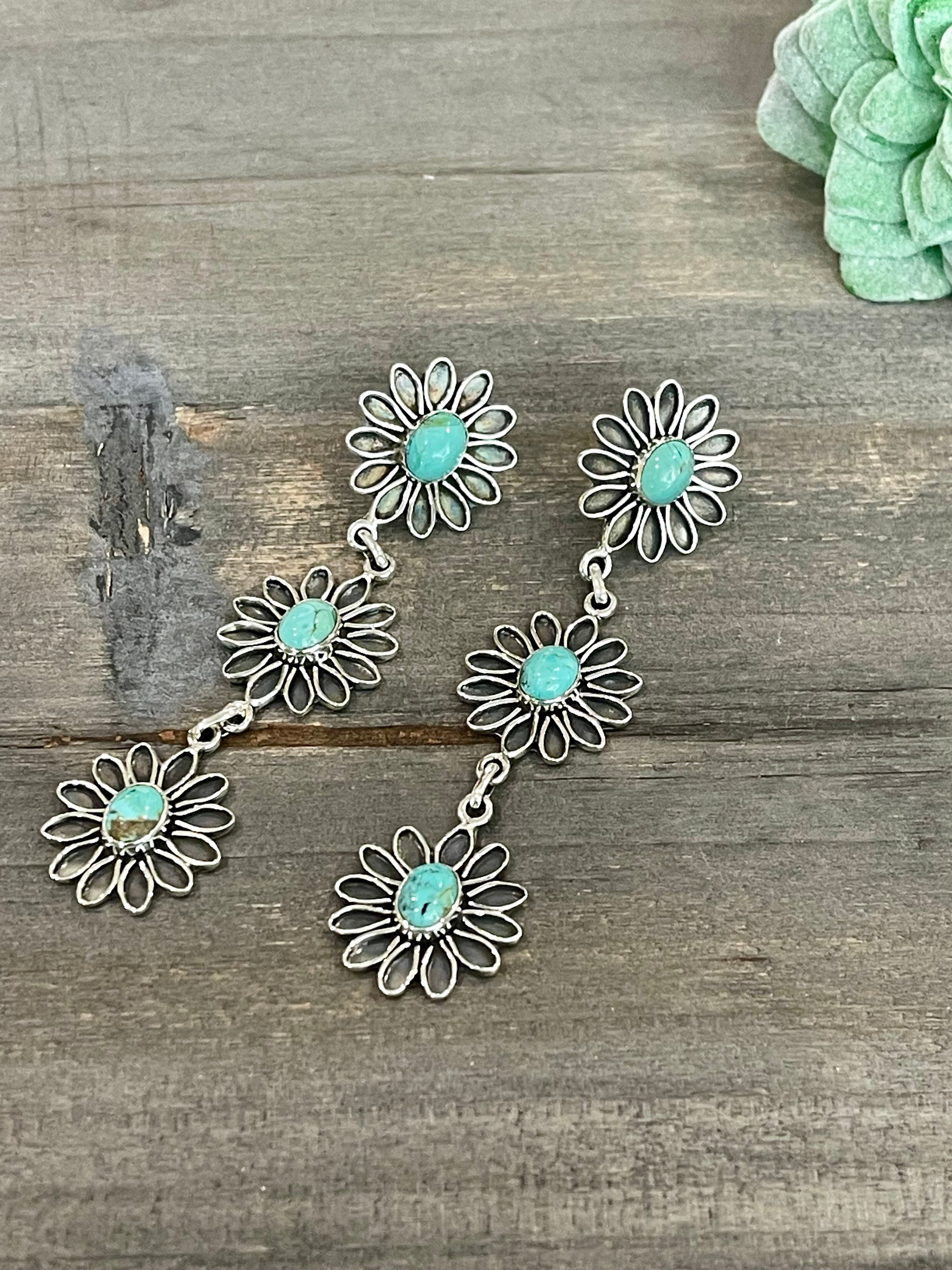 Handmade Flower Sterling Silver & Turquoise Post Dangle Earrings Signed Nizhoni