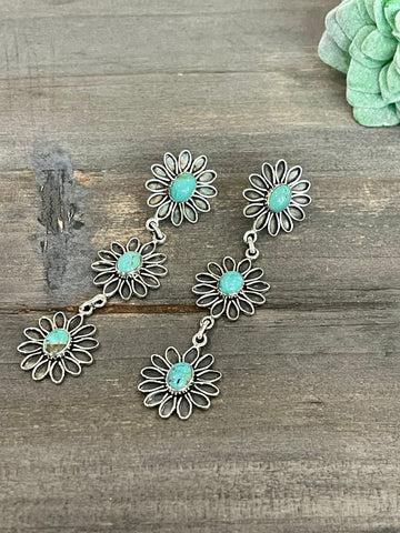 Handmade Flower Sterling Silver & Turquoise Post Dangle Earrings Signed Nizhoni