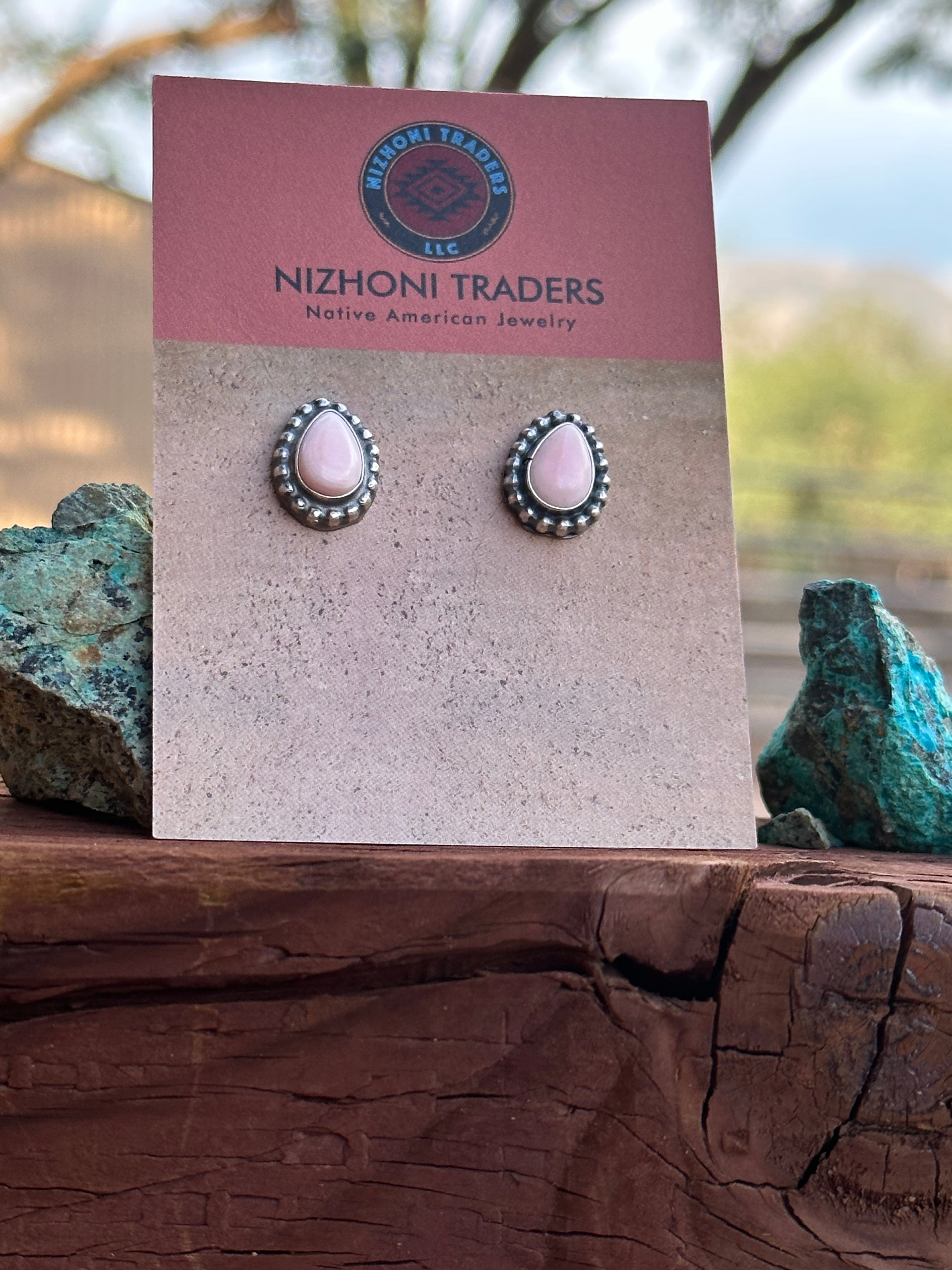 Navajo Sterling Silver and Pink Conch Tear Drop Post Earrings