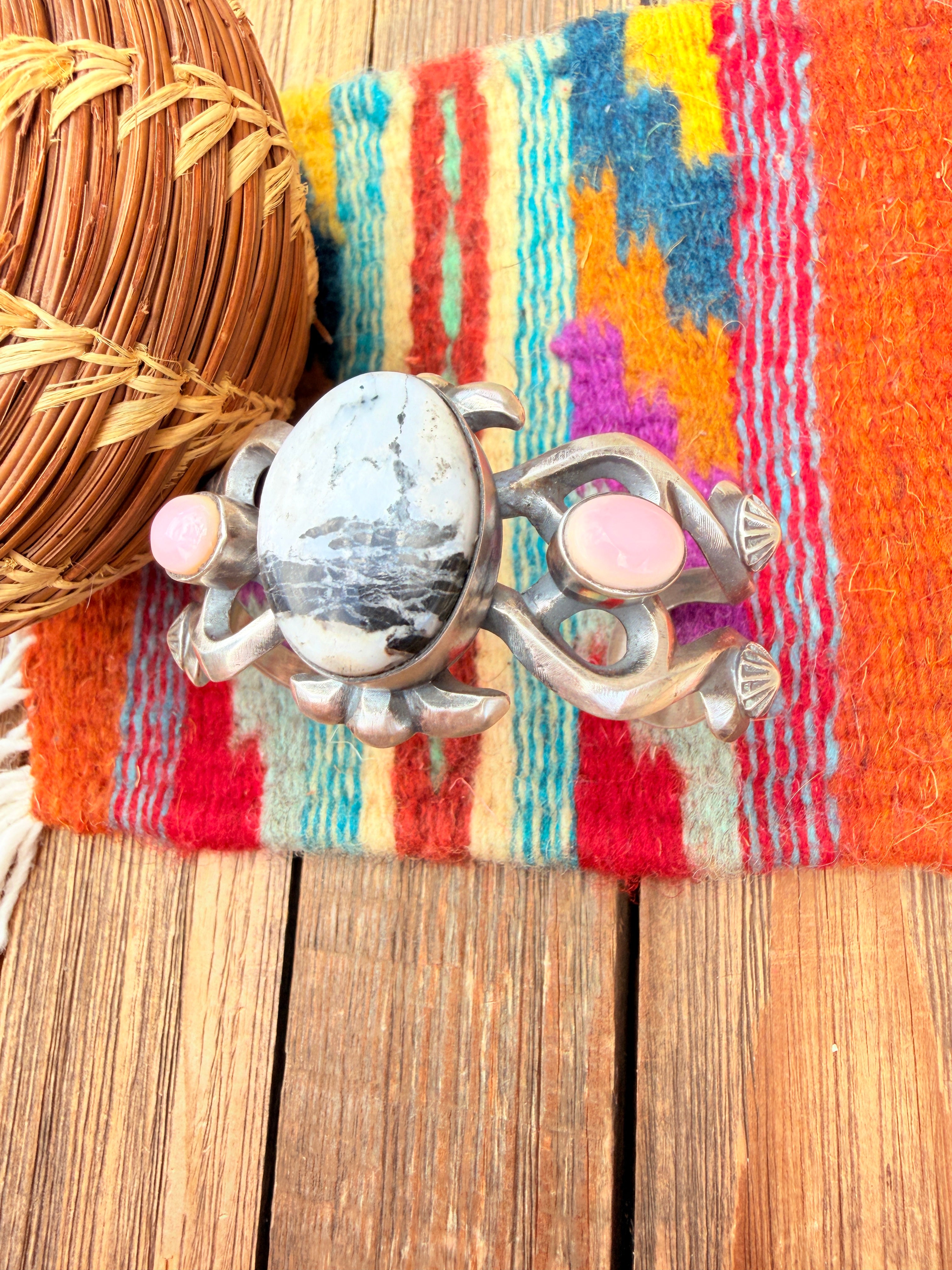 Handcrafted White Buffalo, Queen Pink & Sterling Silver Cuff Bracelet By Chimney Butte