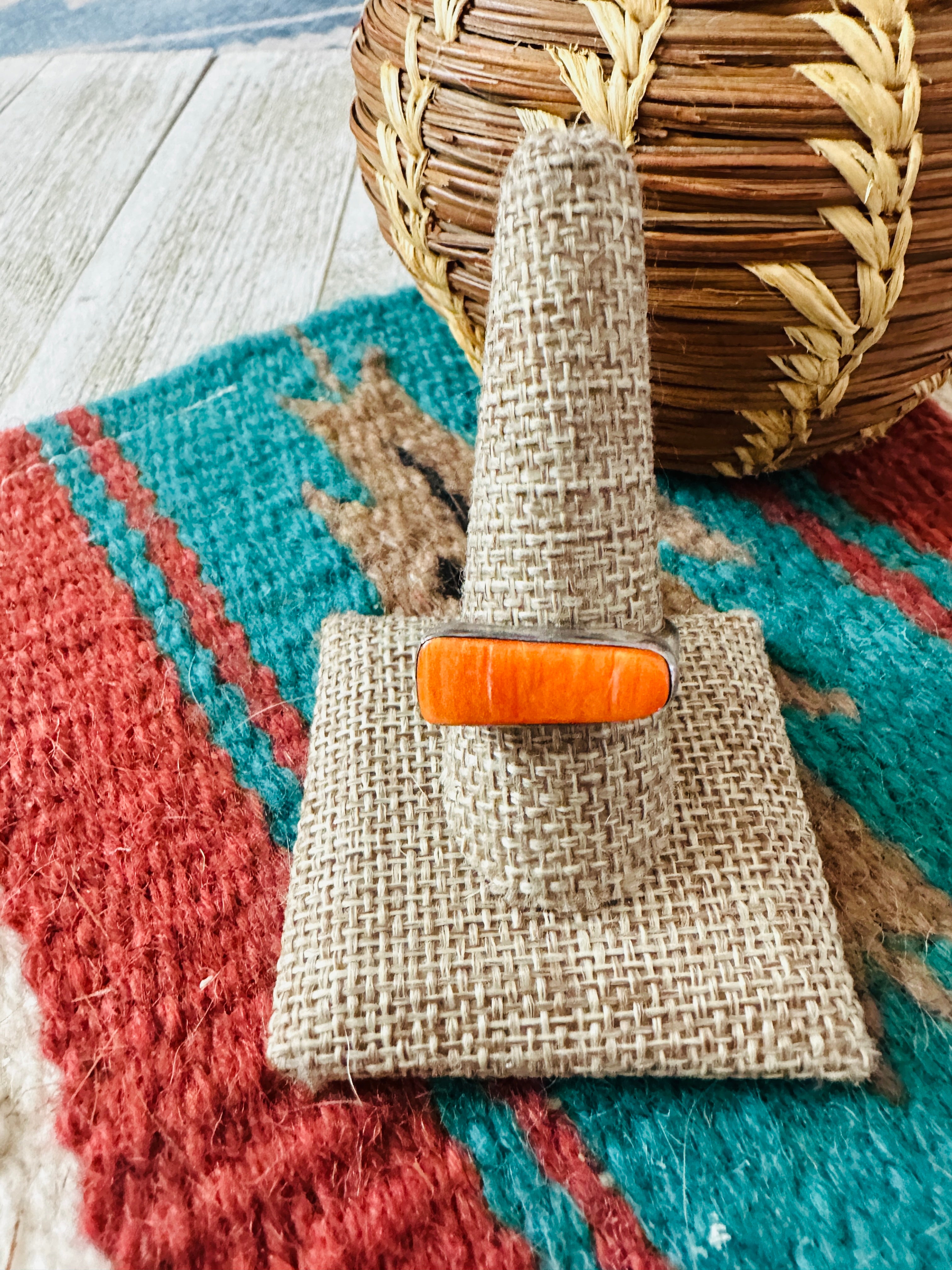 Handcrafted Sterling Silver & Orange Spiny Band Ring Size 10