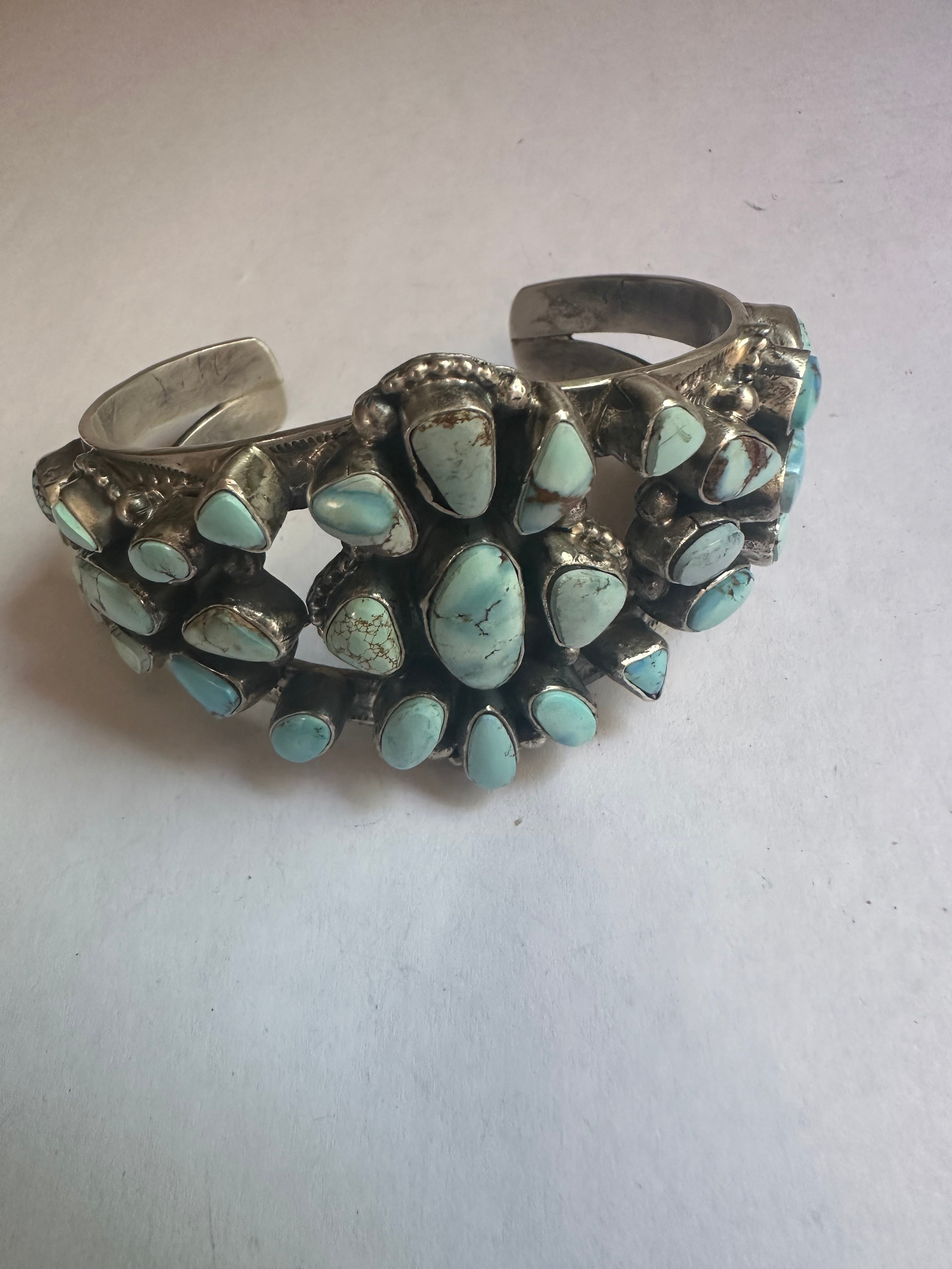 Navajo Golden Hills Turquoise & Sterling Silver Cluster Cuff Bracelet Signed B Johnson