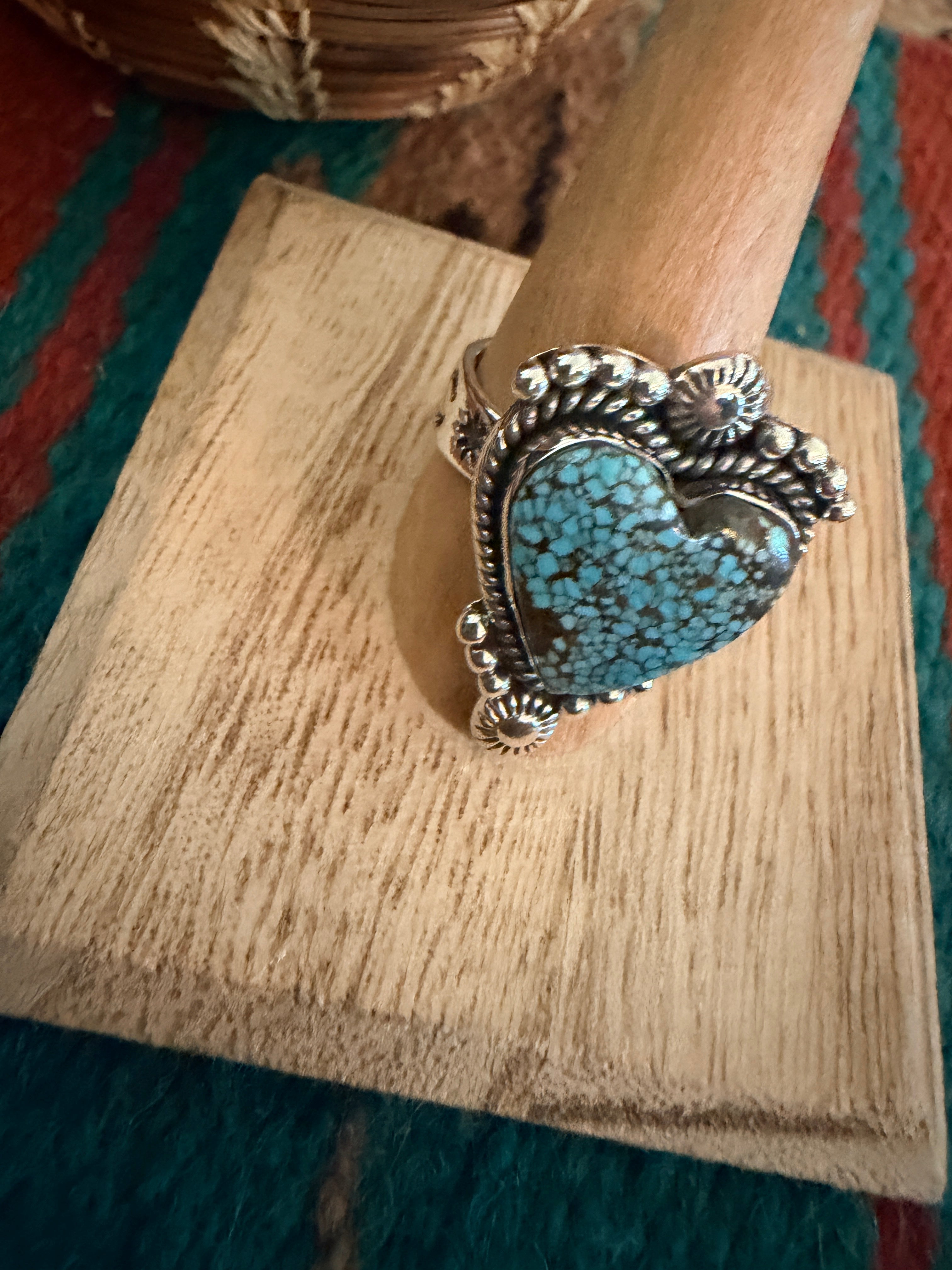 Handmade Sterling Silver Number 8 Turquoise Adjustable Heart Ring Signed Nizhoni