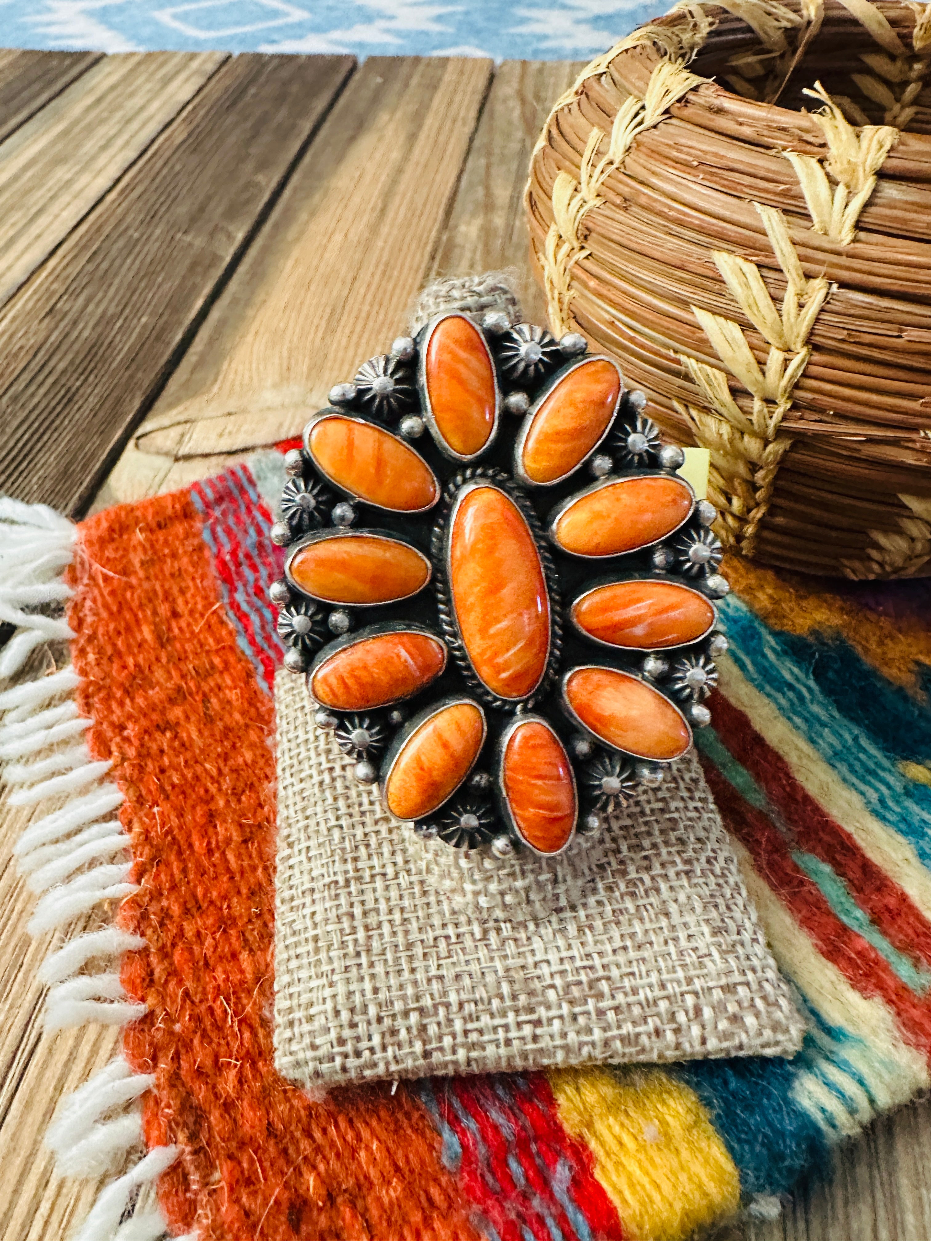 Old Pawn Handcrafted Spiny Oyster & Sterling Silver Cluster Ring Size 10