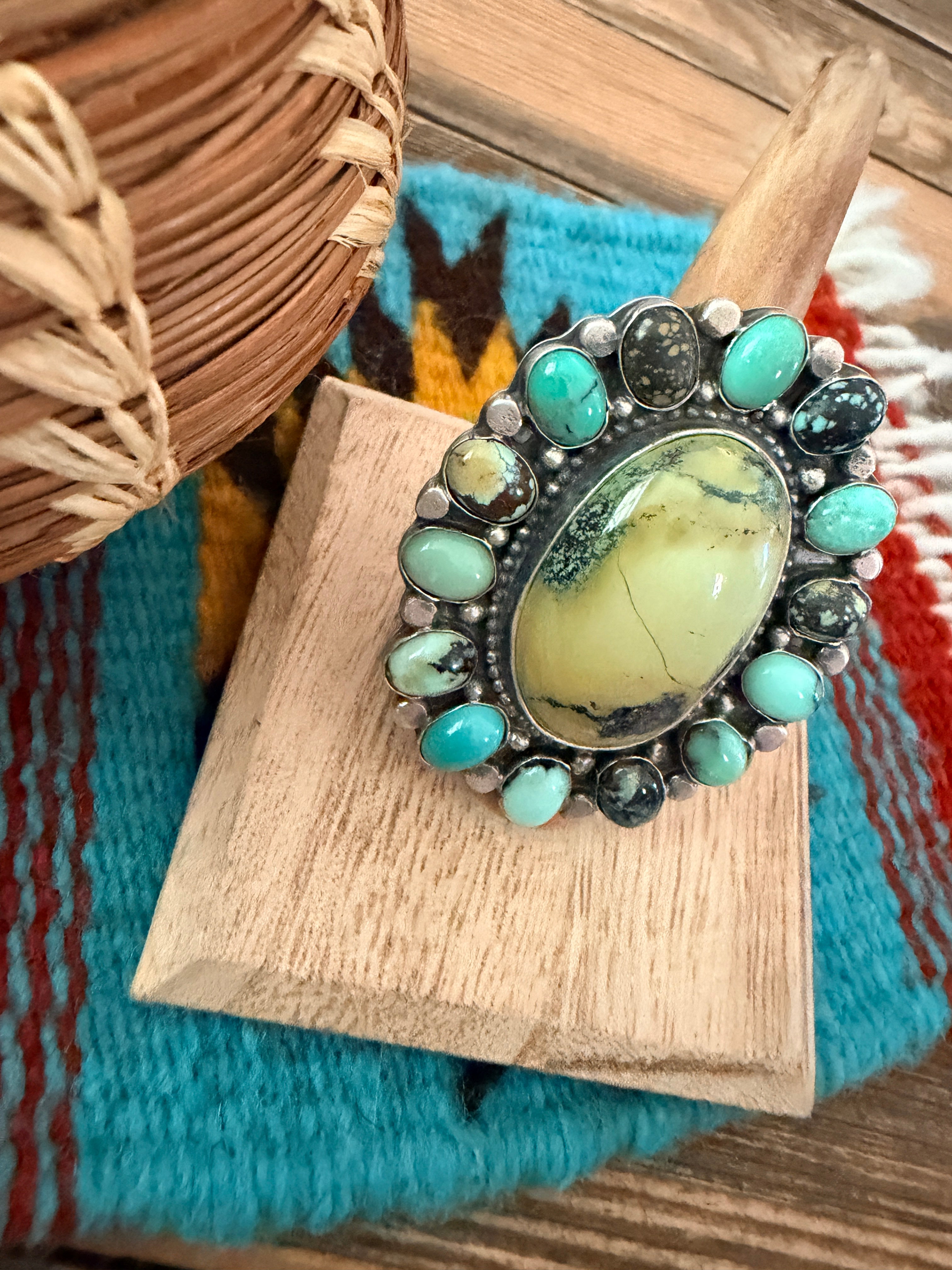 Handcrafted Multi Turquoise & Sterling Silver Cluster Ring by Sheila Becenti Size 7.25