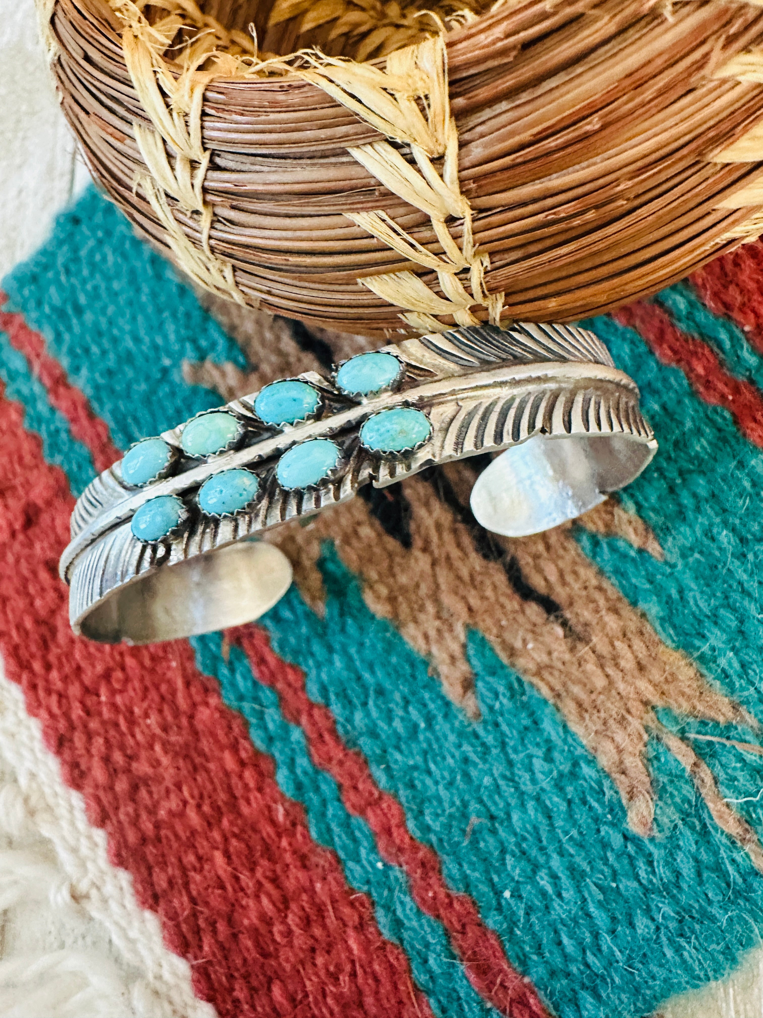 Handcrafted Turquoise & Sterling Silver Feather Cuff Bracelet /