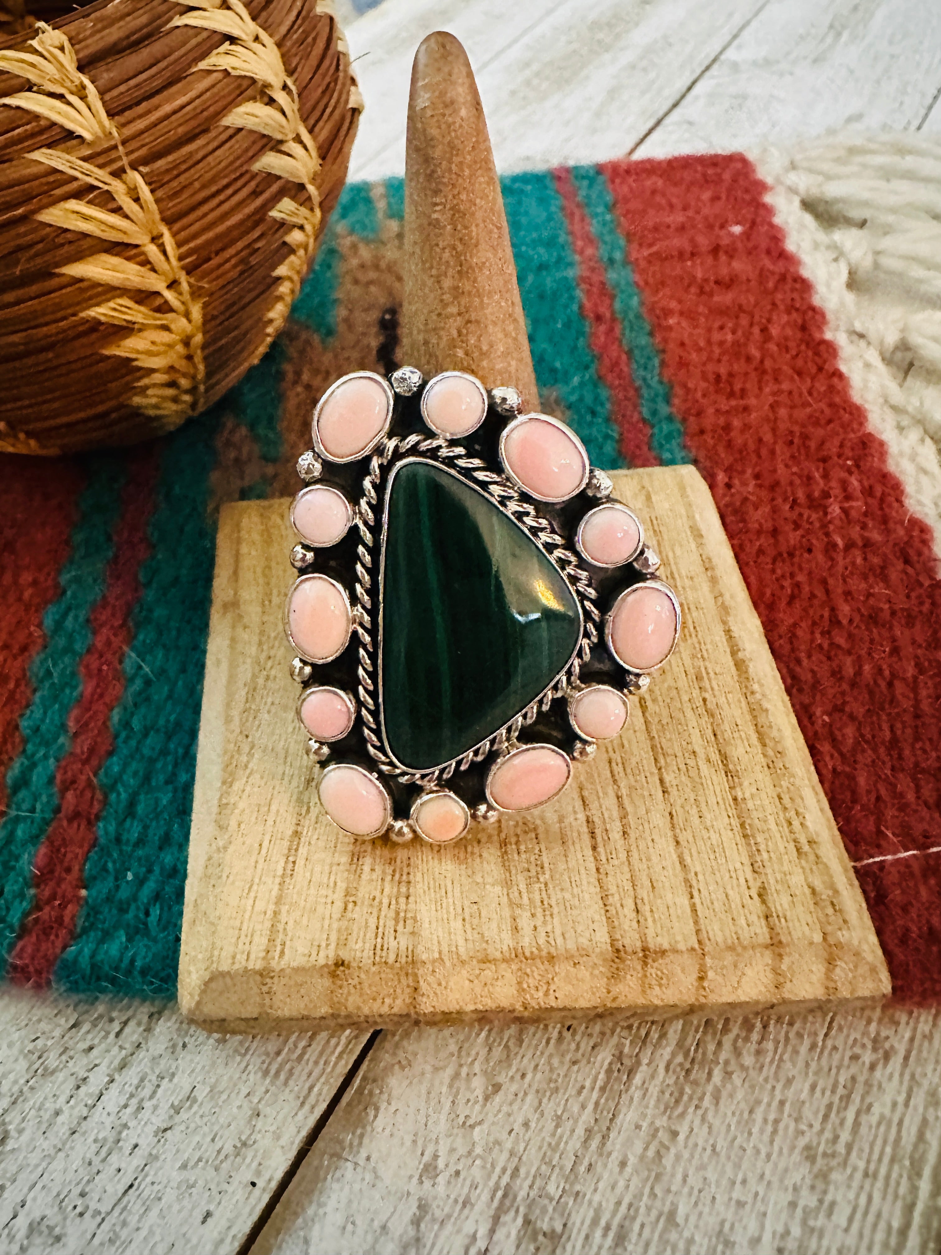 Navajo Sterling Silver, Queen Pink Conch & Malachite Cluster Adjustable Ring