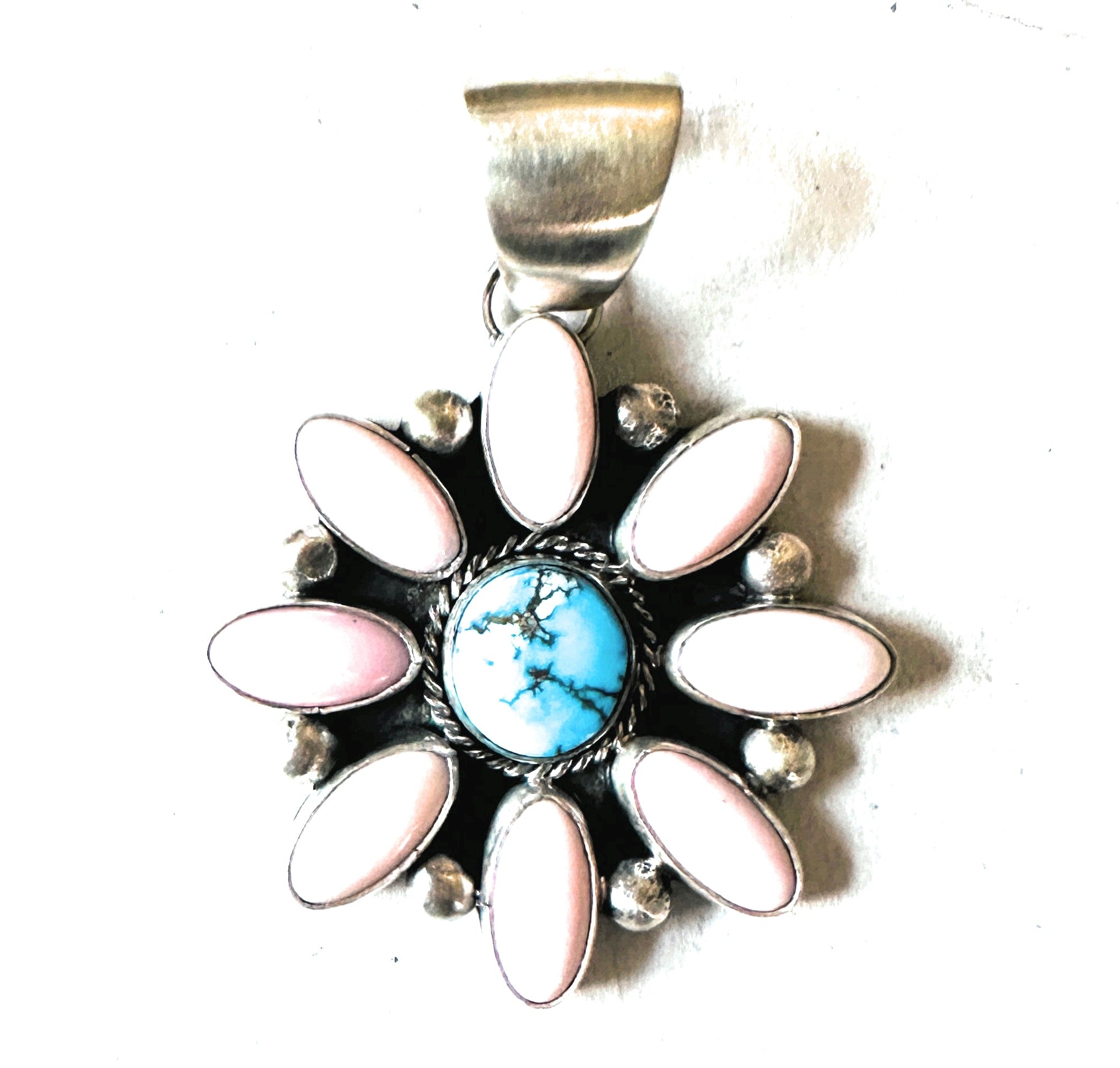 Navajo Queen Pink Conch, Turquoise & Sterling Silver Cluster Pendant