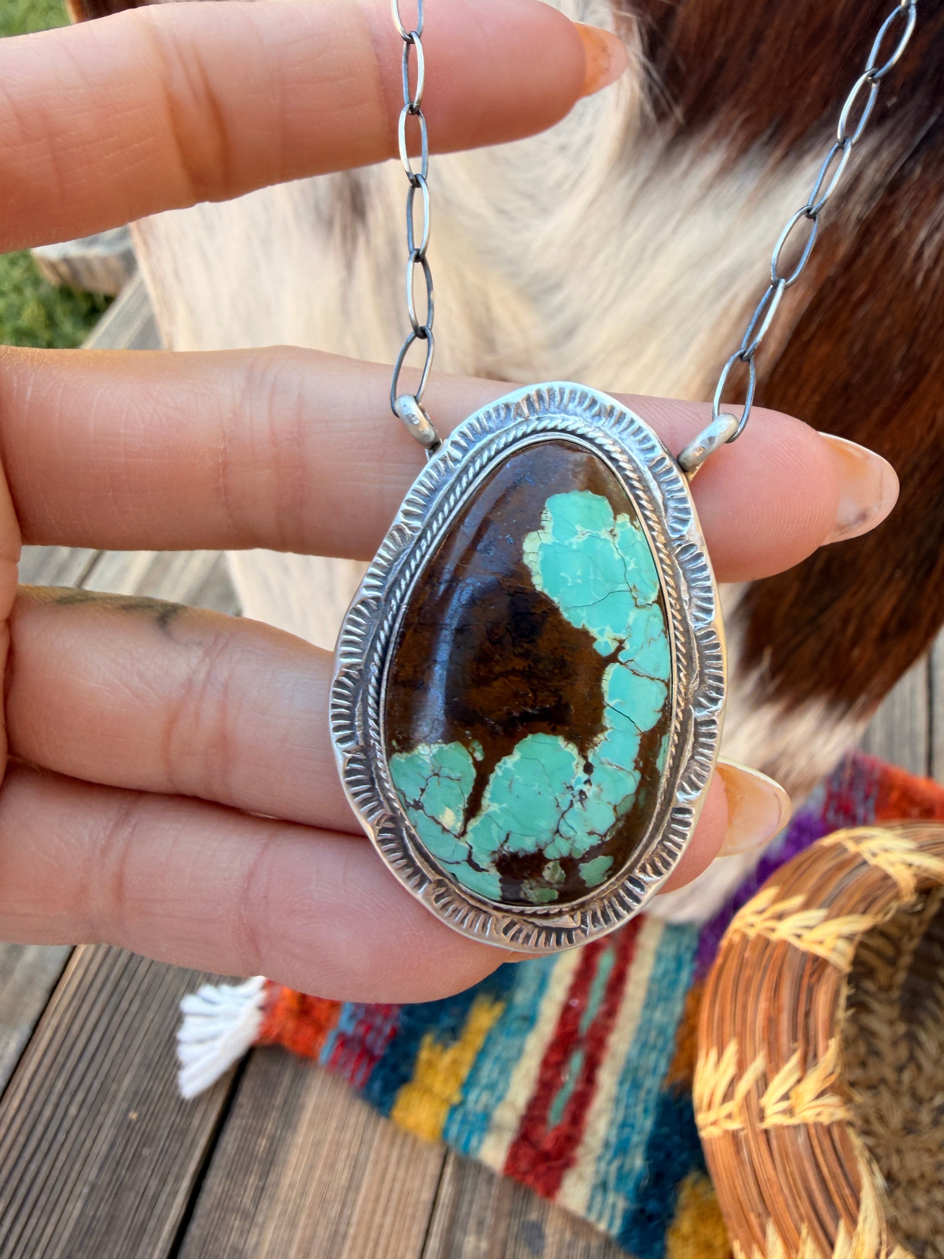 Handcrafted Number 8 Turquoise & Sterling Silver Necklace by Cordell P