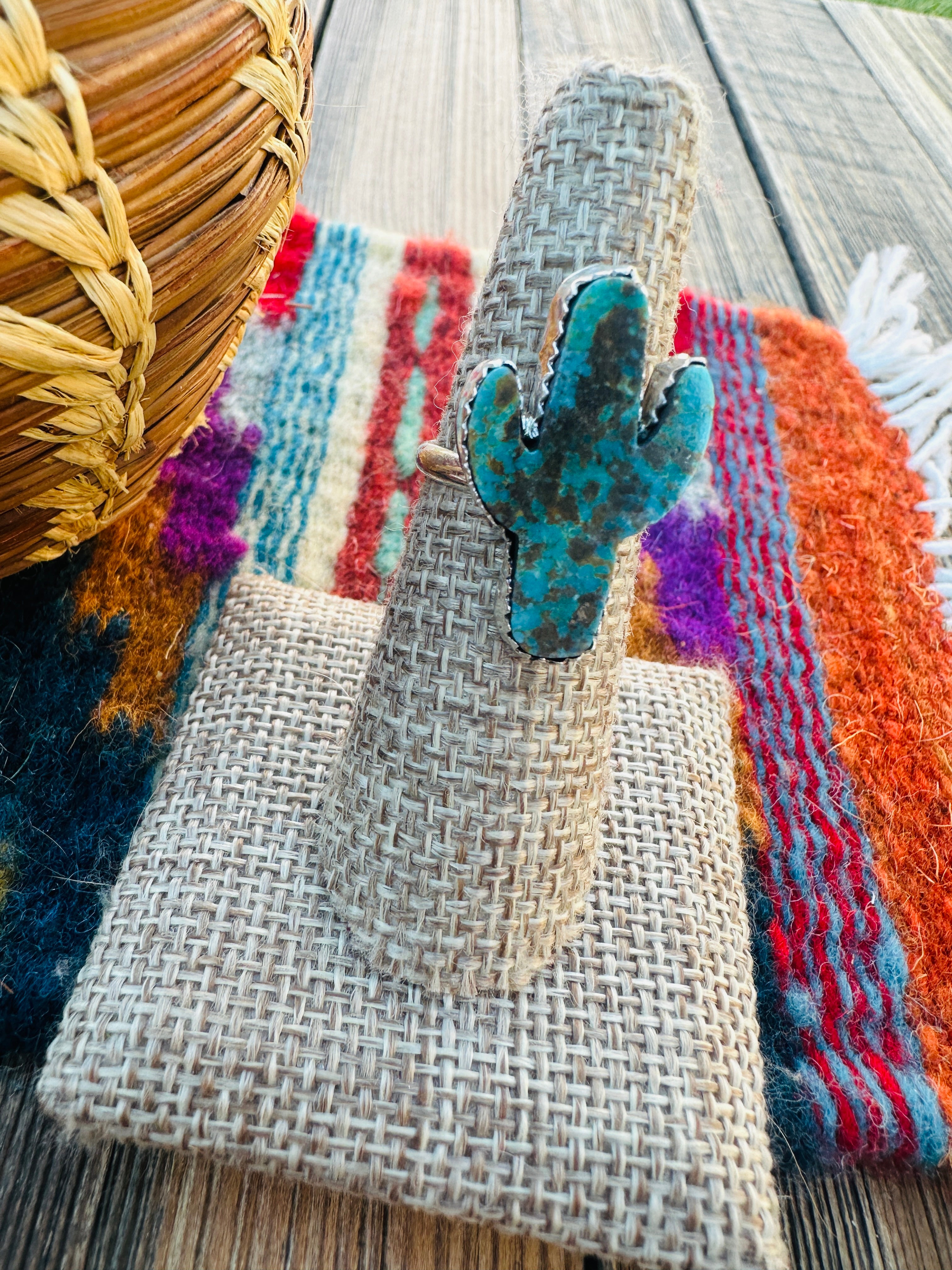 Handcrafted Turquoise & Sterling Silver Cactus Adjustable Ring