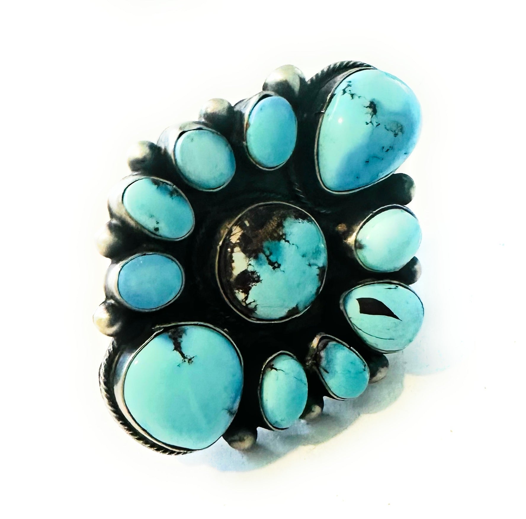 Navajo Golden Hills Turquoise & Sterling Silver Cluster Ring Size 8