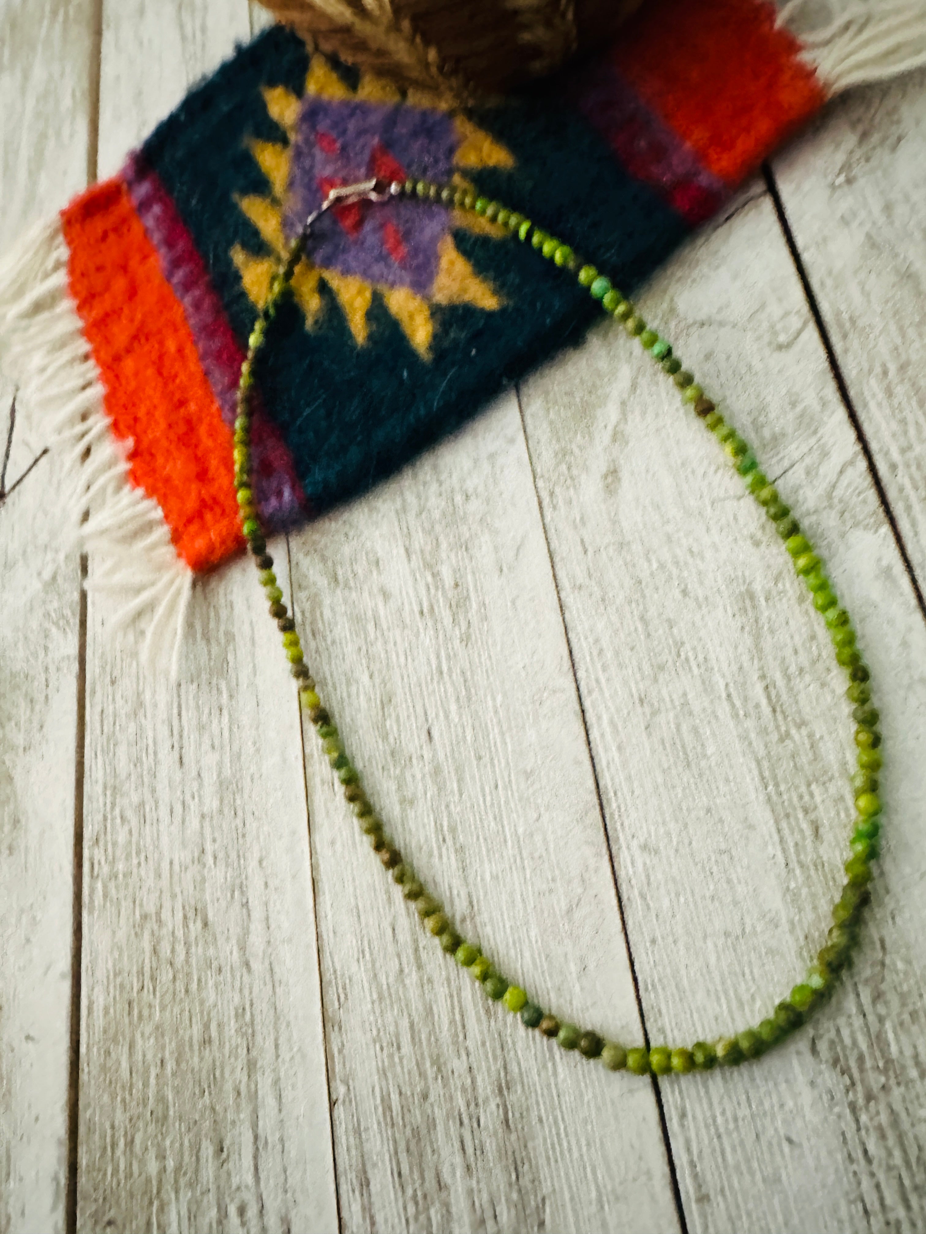 Navajo Green Turquoise & Sterling Silver 16” Beaded Necklace